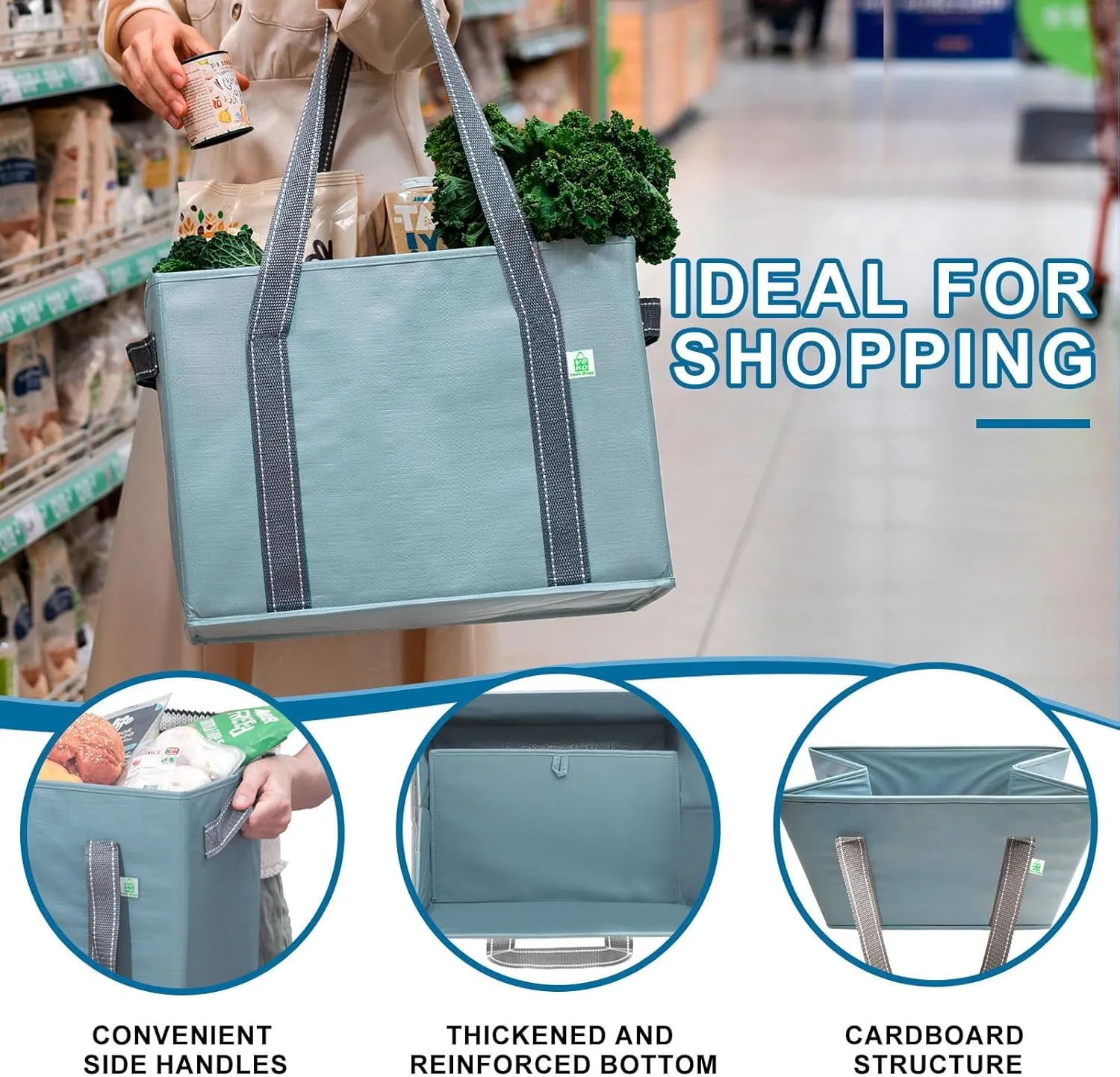VENO 2 Pack 8 Gallon Reusable Grocery Bags, Extra Large Shopping Bags for groceries, Utility Tote with Handles and Hard Bottom, Foldable Cart Organizer, Water Resistant, Heavy-Duty (Light Blue)