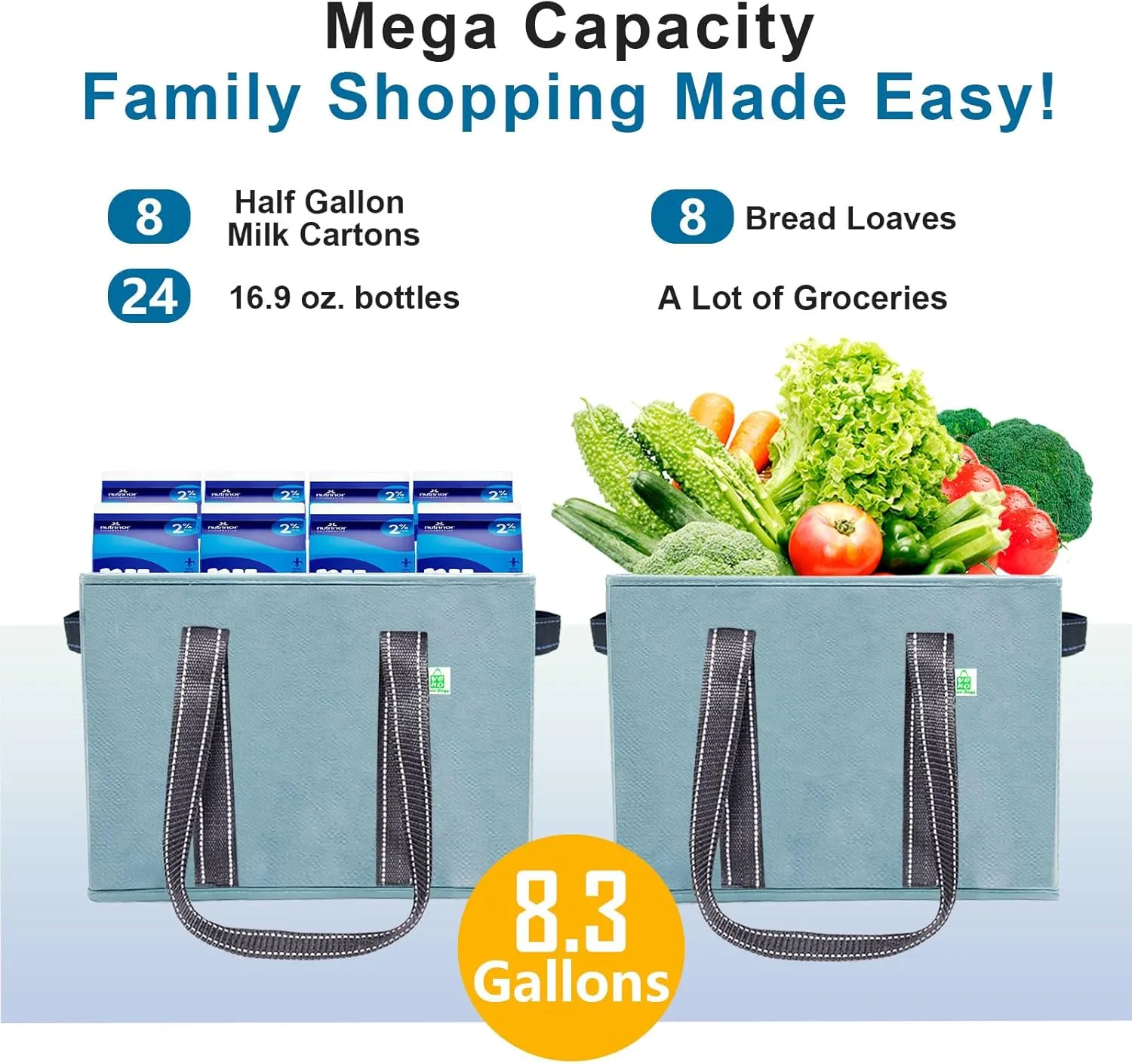 VENO 2 Pack 8 Gallon Reusable Grocery Bags, Extra Large Shopping Bags for groceries, Utility Tote with Handles and Hard Bottom, Foldable Cart Organizer, Water Resistant, Heavy-Duty (Light Blue)