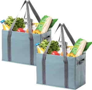 VENO 2 Pack 8 Gallon Reusable Grocery Bags, Extra Large Shopping Bags for groceries, Utility Tote with Handles and Hard Bottom, Foldable Cart Organizer, Water Resistant, Heavy-Duty (Light Blue)