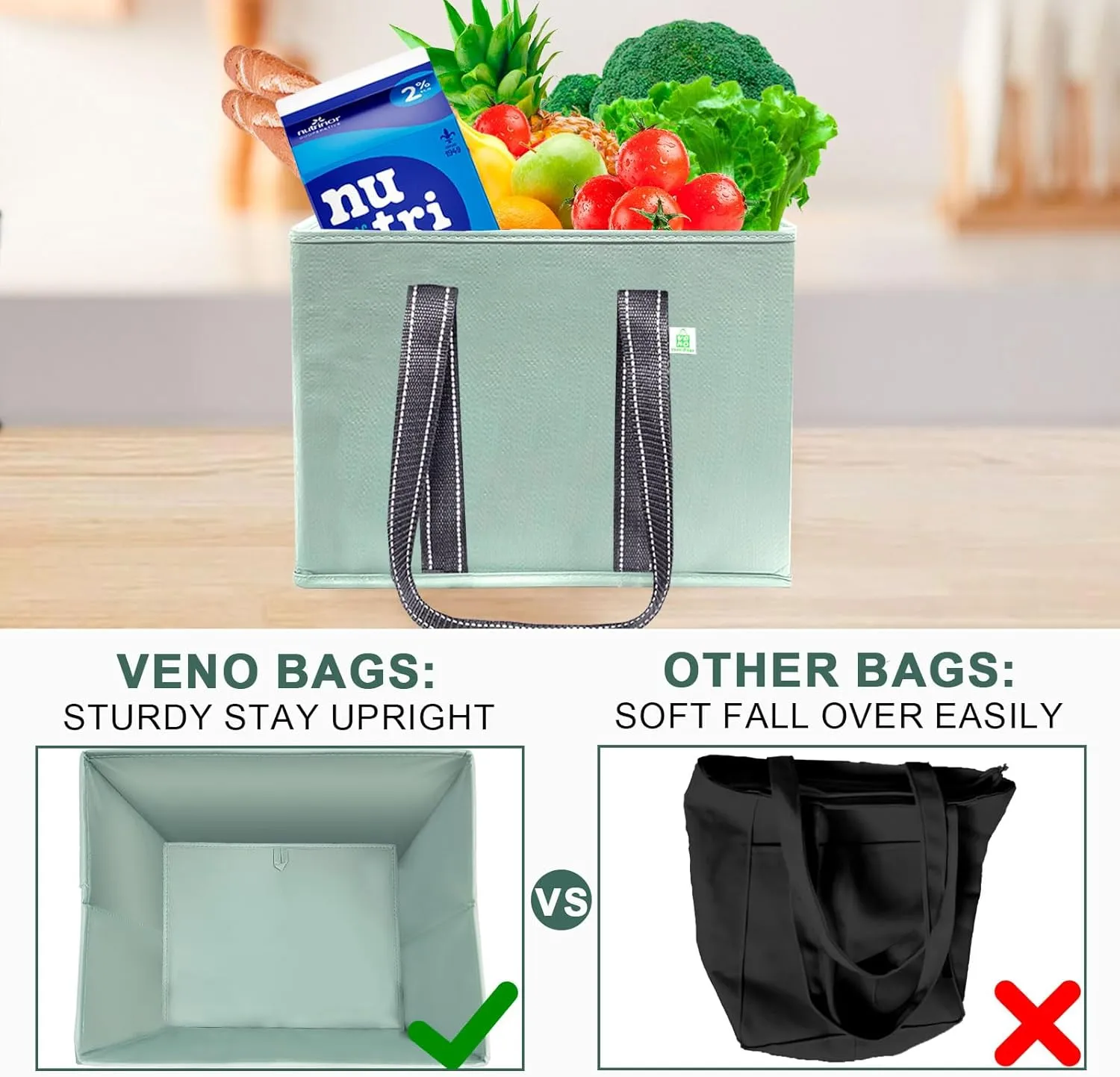 VENO 3 Pack Reusable Grocery Bags, Shopping Bags for groceries, Utility Tote with Handles and Hard Bottom, Foldable Shopping Cart Organizer, Water Resistant, Heavy-Duty (Light Green, 6 Gallon)