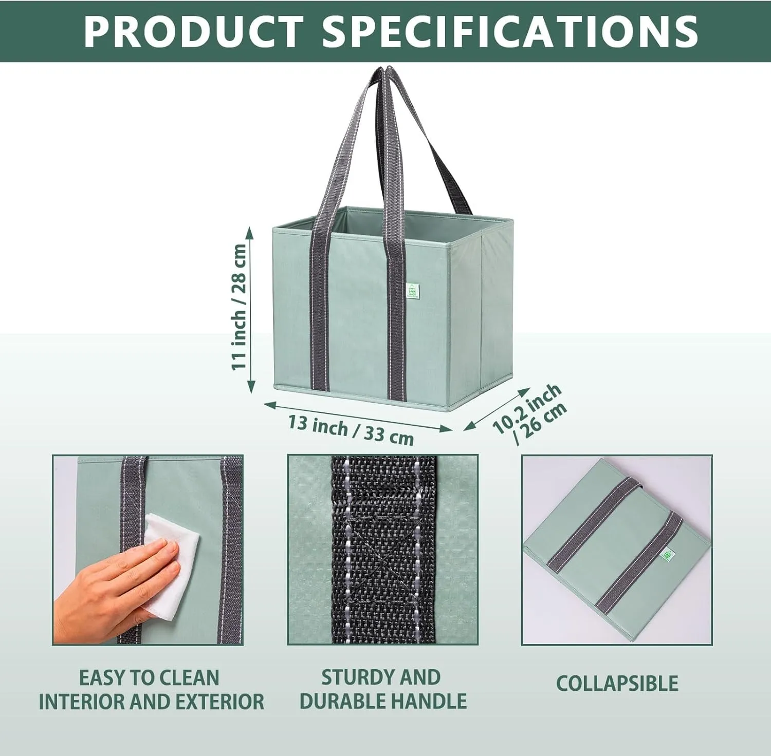 VENO 3 Pack Reusable Grocery Bags, Shopping Bags for groceries, Utility Tote with Handles and Hard Bottom, Foldable Shopping Cart Organizer, Water Resistant, Heavy-Duty (Light Green, 6 Gallon)