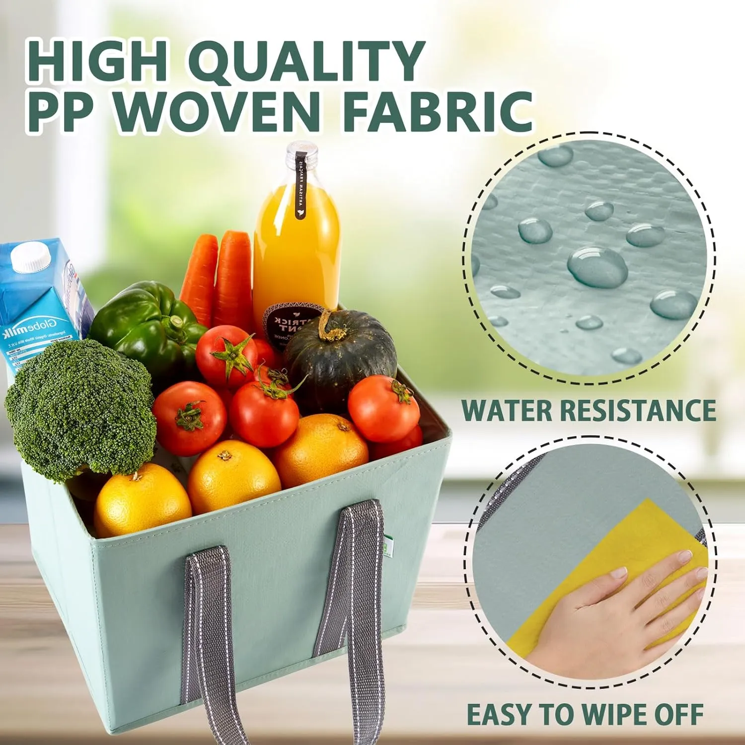 VENO 3 Pack Reusable Grocery Bags, Shopping Bags for groceries, Utility Tote with Handles and Hard Bottom, Foldable Shopping Cart Organizer, Water Resistant, Heavy-Duty (Light Green, 6 Gallon)