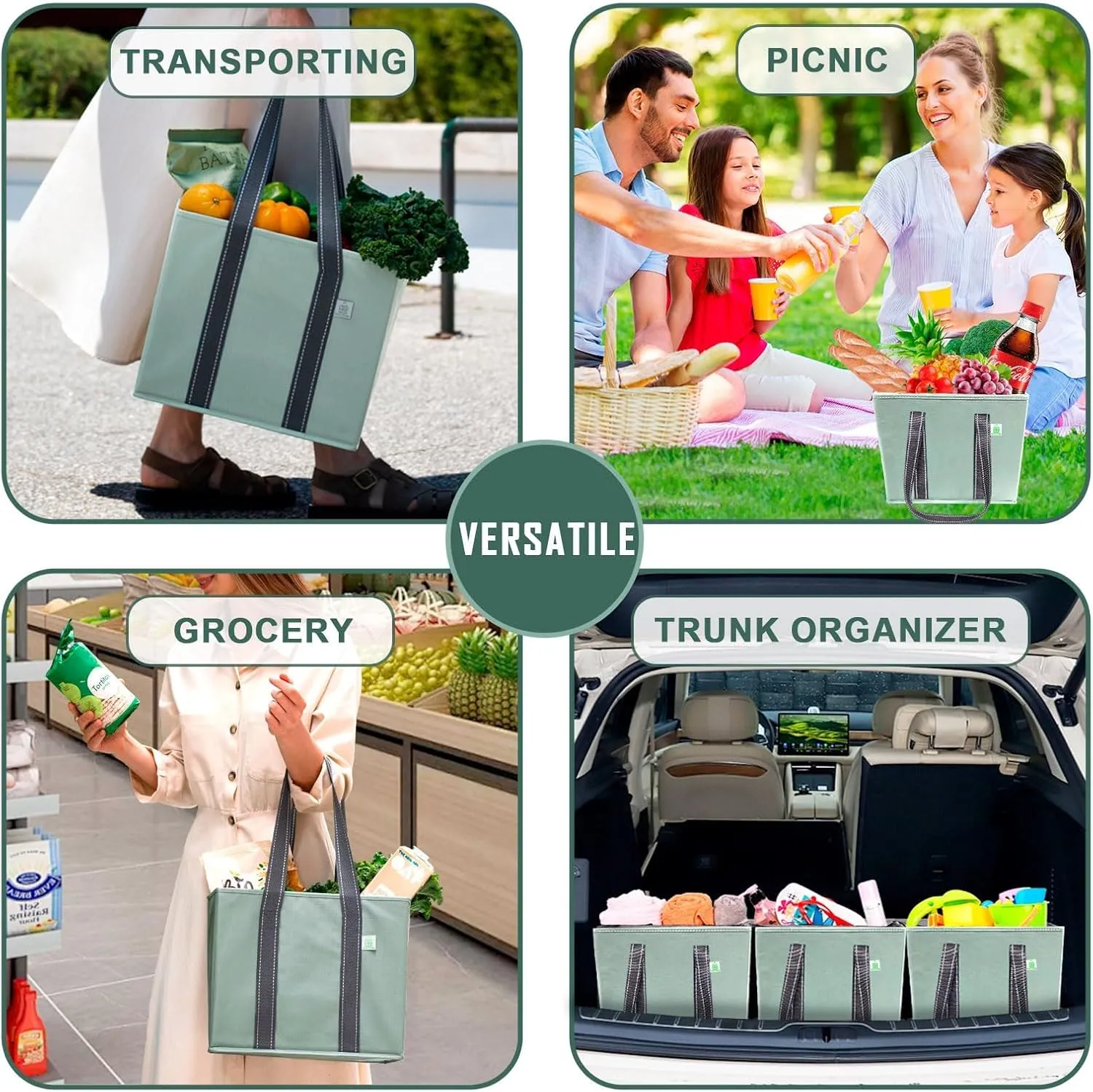 VENO 3 Pack Reusable Grocery Bags, Shopping Bags for groceries, Utility Tote with Handles and Hard Bottom, Foldable Shopping Cart Organizer, Water Resistant, Heavy-Duty (Light Green, 6 Gallon)