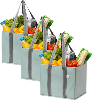 VENO 3 Pack Reusable Grocery Bags, Shopping Bags for groceries, Utility Tote with Handles and Hard Bottom, Foldable Shopping Cart Organizer, Water Resistant, Heavy-Duty (Light Green, 6 Gallon)