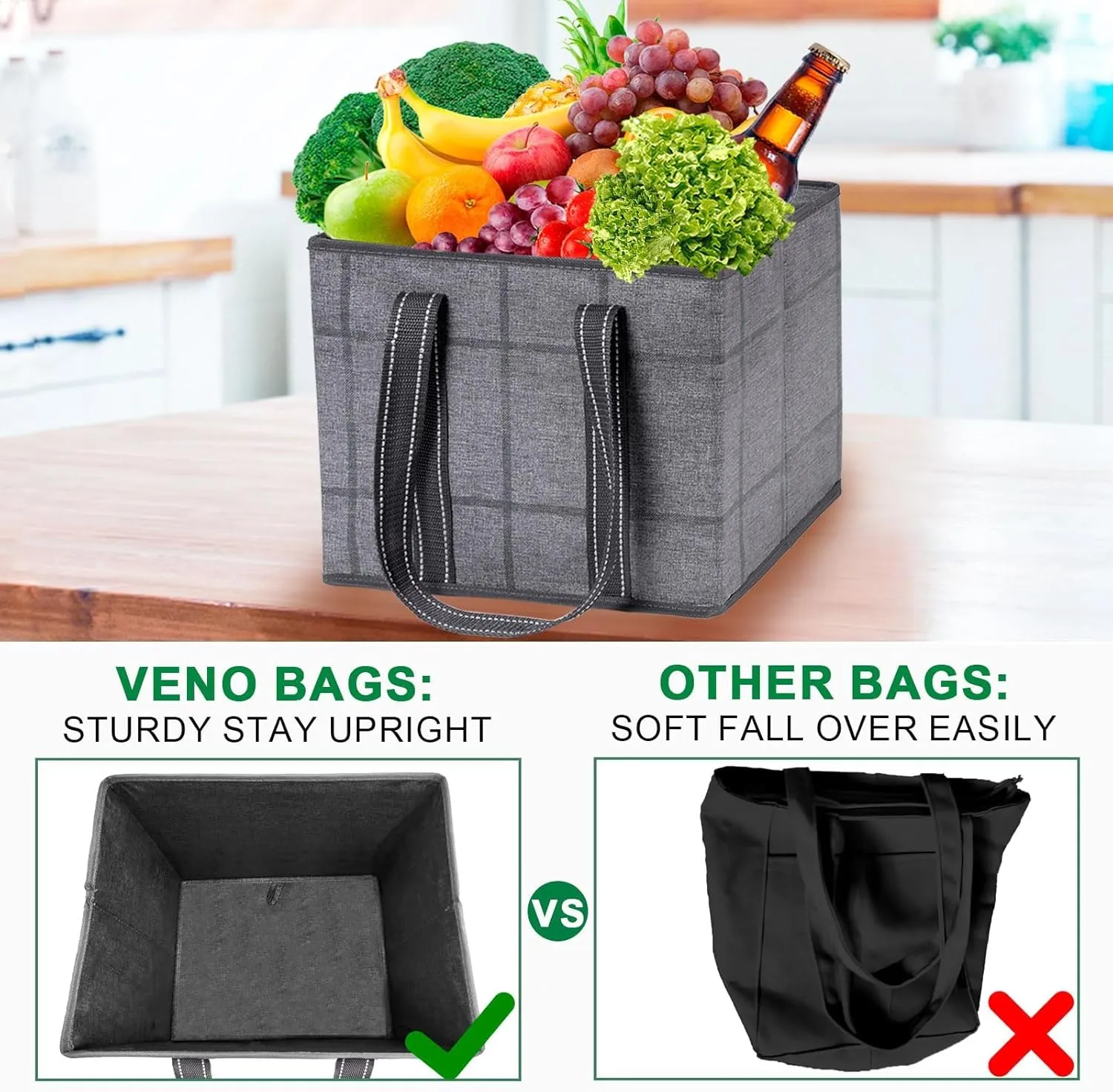 VENO 3 Pack Reusable Grocery Bags, Shopping Bags for groceries, Utility Tote with Handles and Hard Bottom, Foldable Shopping Cart Organizer, Water Resistant, Heavy-Duty (Windowpane, 6 Gallon)