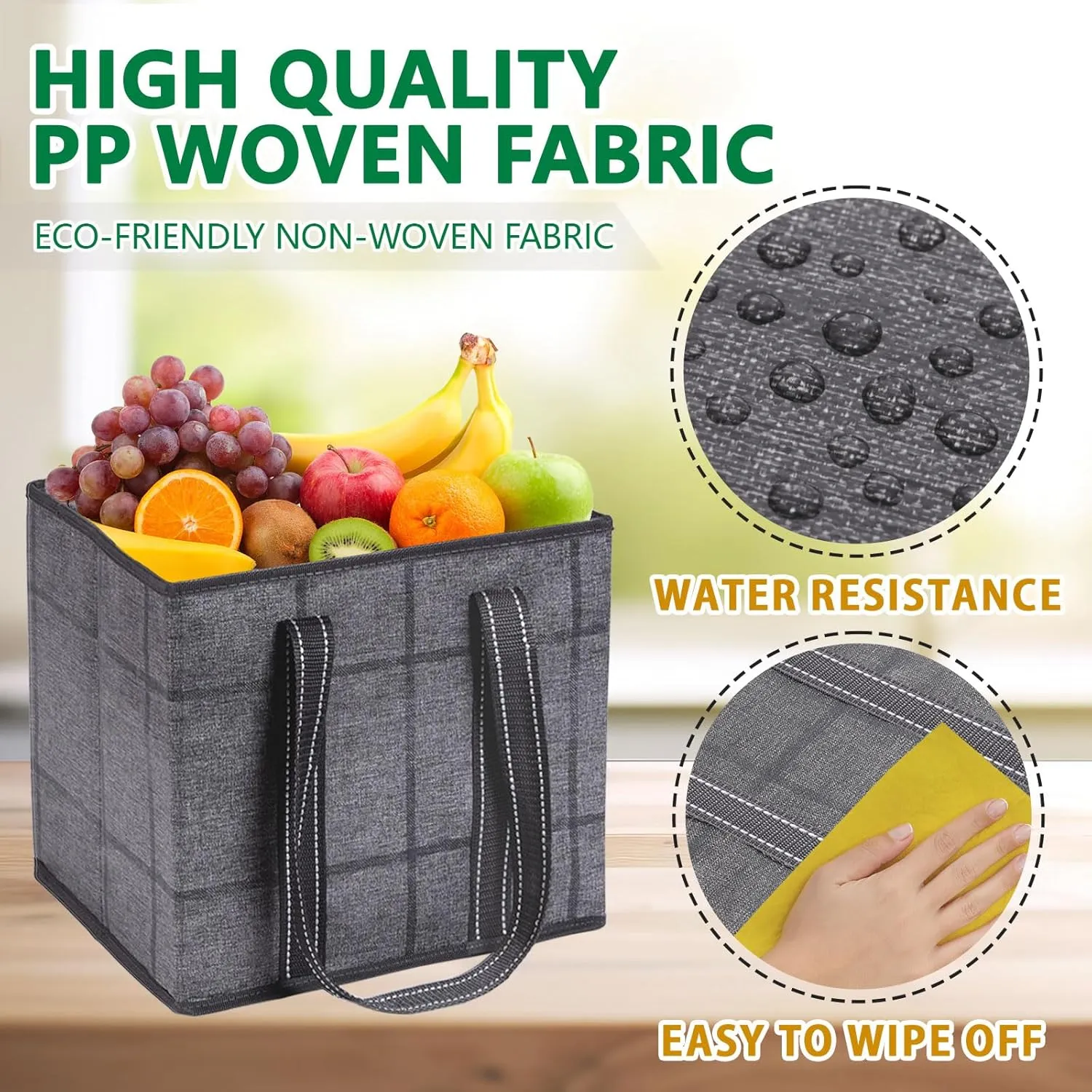 VENO 3 Pack Reusable Grocery Bags, Shopping Bags for groceries, Utility Tote with Handles and Hard Bottom, Foldable Shopping Cart Organizer, Water Resistant, Heavy-Duty (Windowpane, 6 Gallon)