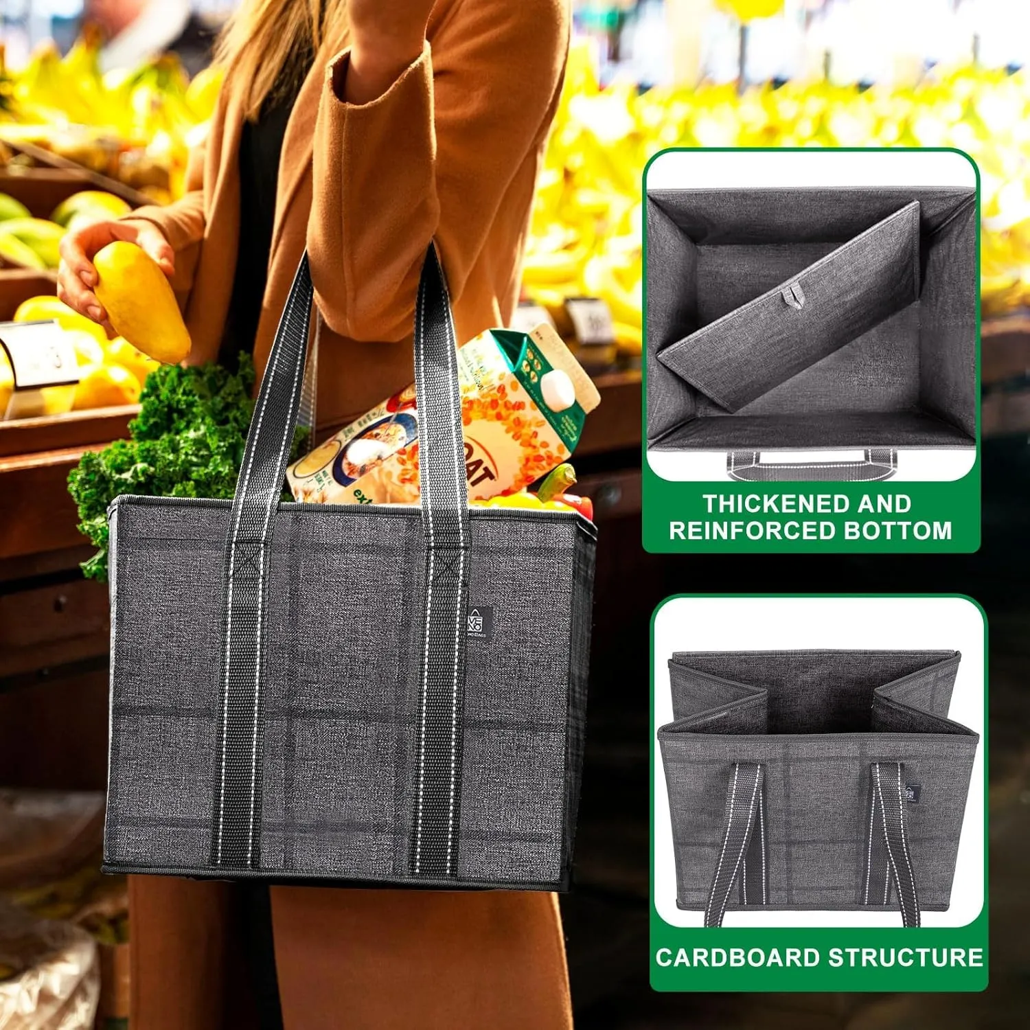 VENO 3 Pack Reusable Grocery Bags, Shopping Bags for groceries, Utility Tote with Handles and Hard Bottom, Foldable Shopping Cart Organizer, Water Resistant, Heavy-Duty (Windowpane, 6 Gallon)
