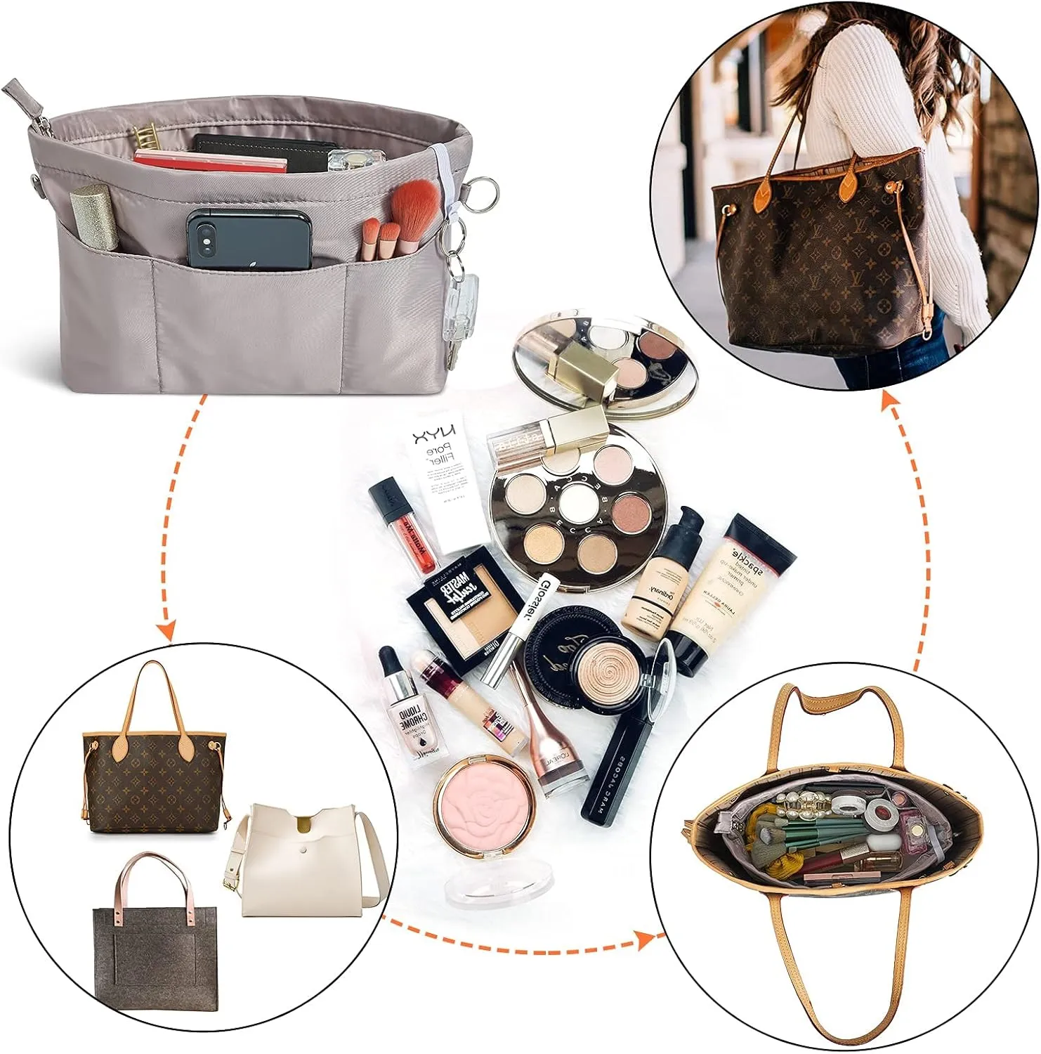 Vercord Premium Nylon Purse Organizer Tote Handbag Insert Organizers Bag in Bag Zipper 13 Pockets 5 Sizes