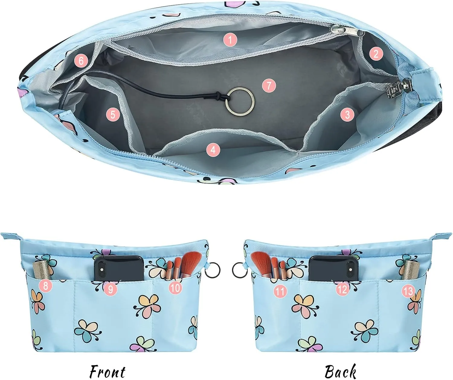 Vercord Premium Nylon Purse Organizer Tote Handbag Insert Organizers Bag in Bag Zipper 13 Pockets 5 Sizes