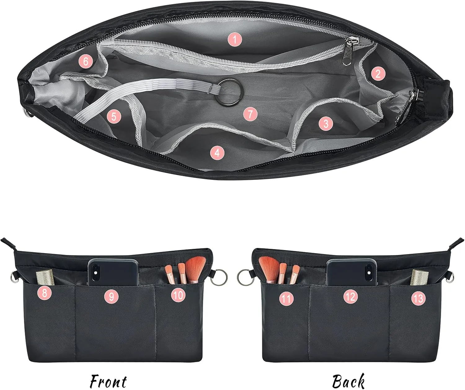Vercord Premium Nylon Purse Organizer Tote Handbag Insert Organizers Bag in Bag Zipper 13 Pockets 5 Sizes
