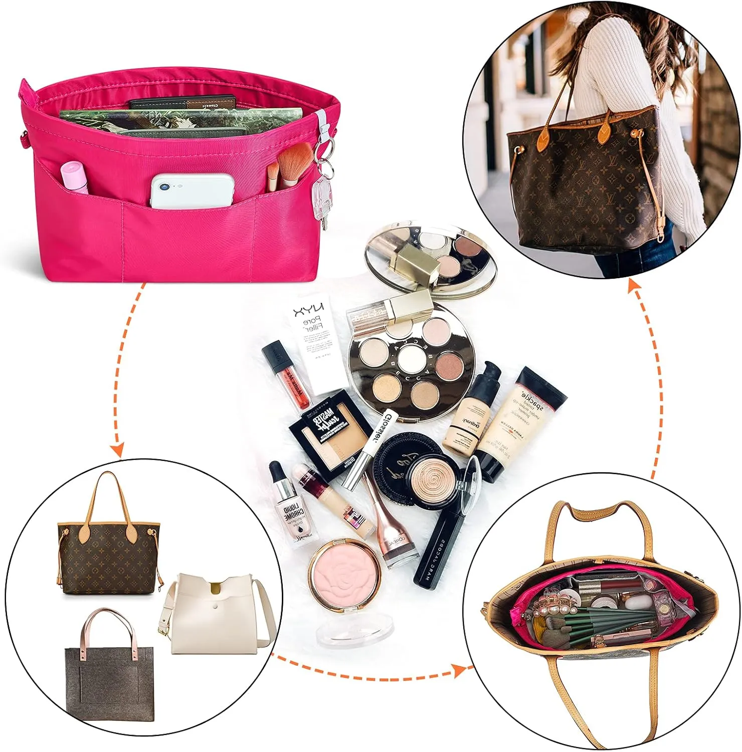 Vercord Premium Nylon Purse Organizer Tote Handbag Insert Organizers Bag in Bag Zipper 13 Pockets 5 Sizes