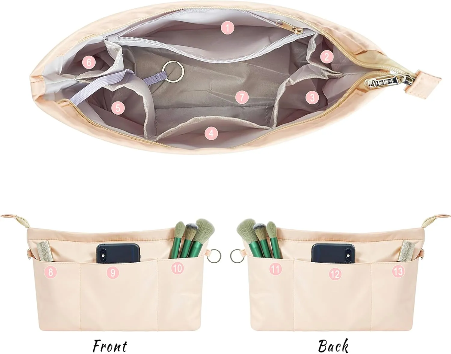 Vercord Premium Nylon Purse Organizer Tote Handbag Insert Organizers Bag in Bag Zipper 13 Pockets 5 Sizes