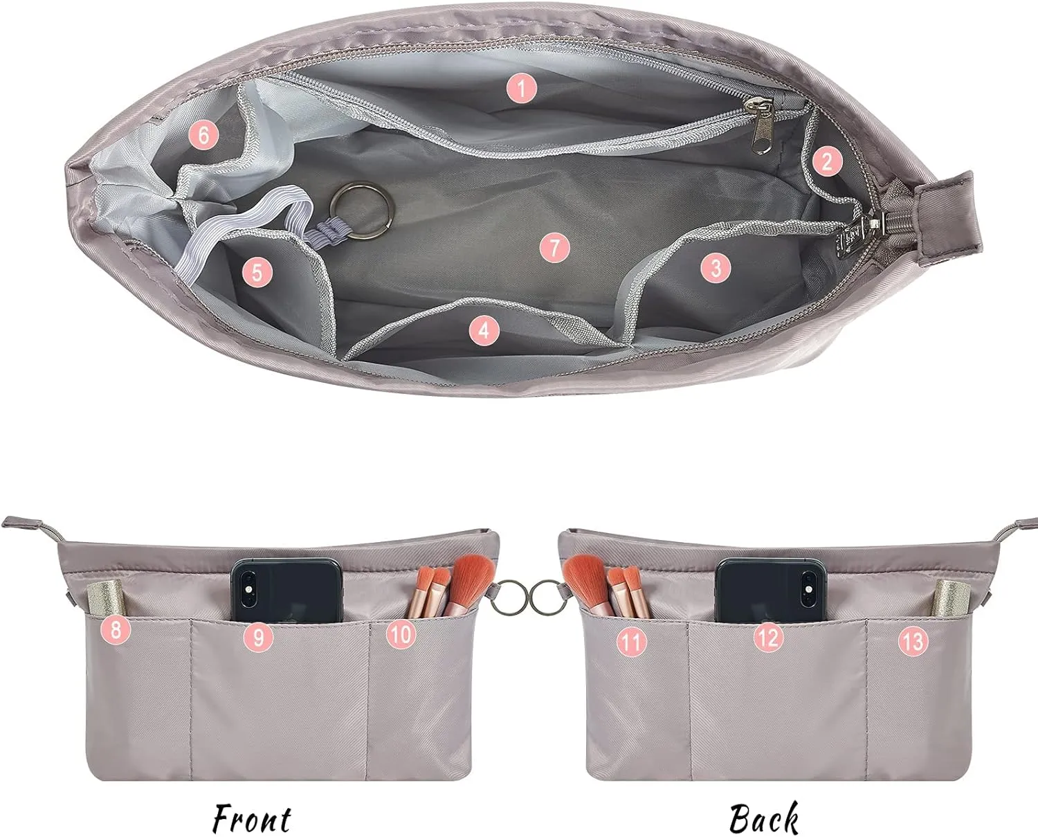 Vercord Premium Nylon Purse Organizer Tote Handbag Insert Organizers Bag in Bag Zipper 13 Pockets 5 Sizes