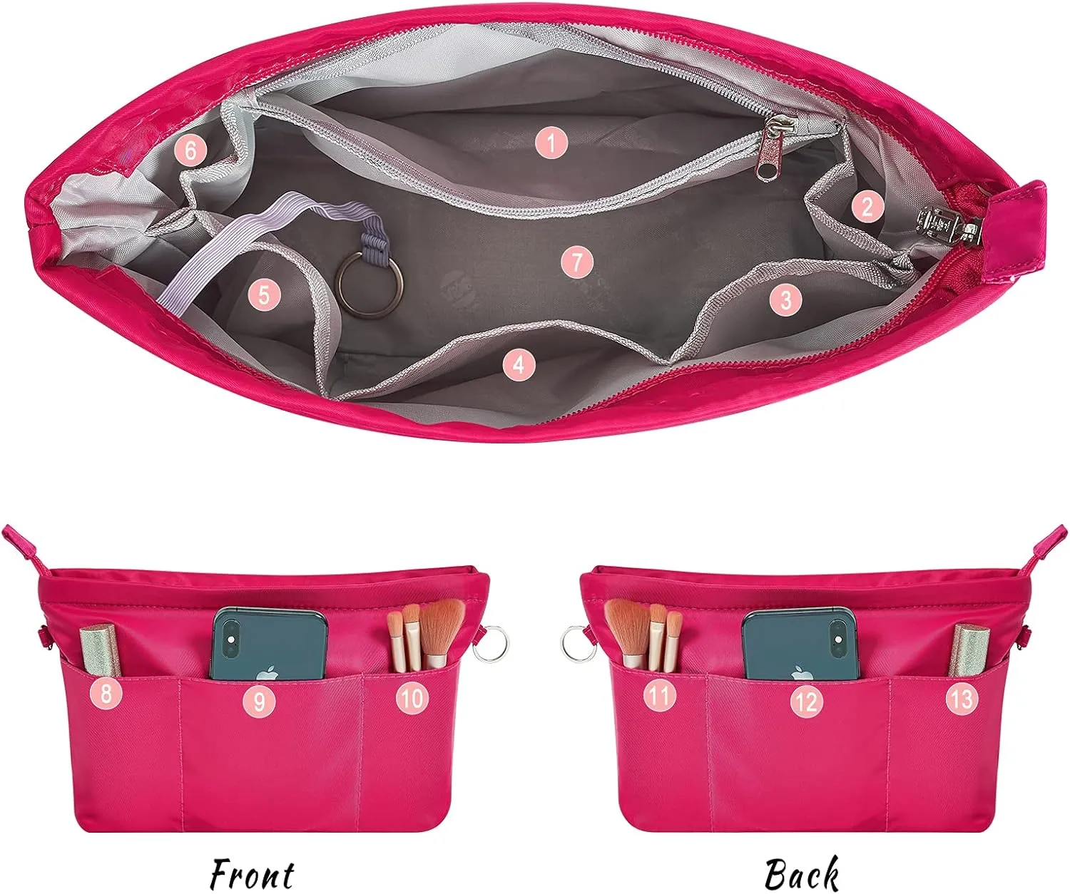 Vercord Premium Nylon Purse Organizer Tote Handbag Insert Organizers Bag in Bag Zipper 13 Pockets 5 Sizes