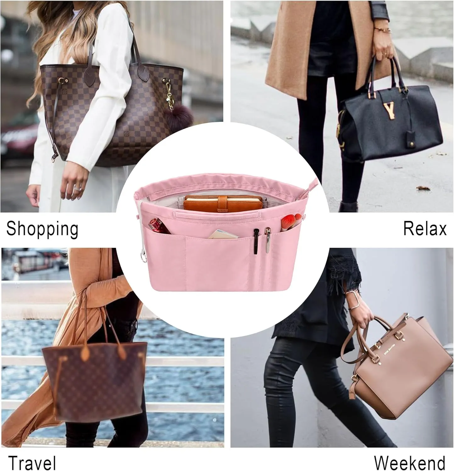 Vercord Purse Insert Organizers for Tote Handbag Bag in Bag with Zipper Liner Bag Organizer for Women 14 pockets