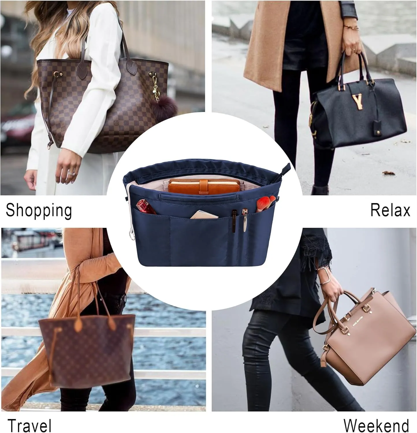 Vercord Purse Insert Organizers for Tote Handbag Bag in Bag with Zipper Liner Bag Organizer for Women 14 pockets