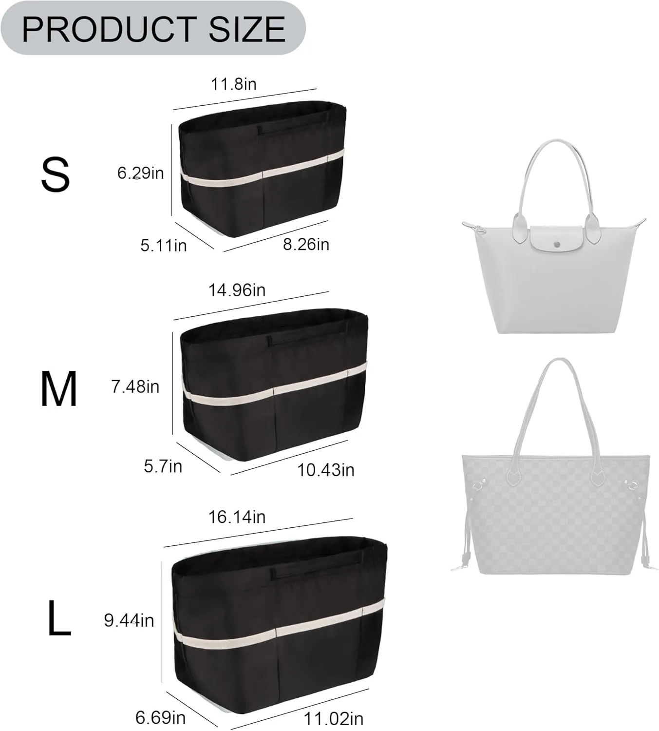 Vercord Purse Organizer Insert City Tote Bag in Bag Handbag Organizers Zipper Pockets Black Large