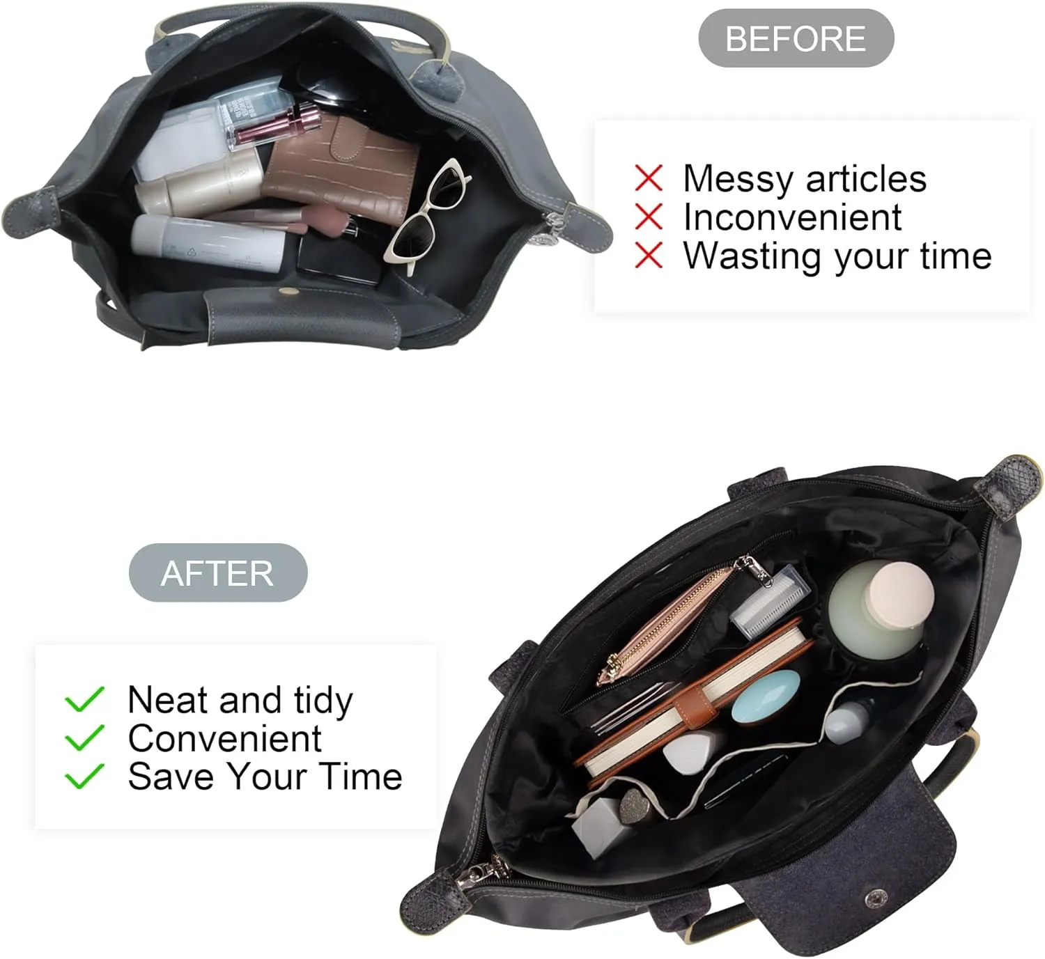 Vercord Purse Organizer Insert City Tote Bag in Bag Handbag Organizers Zipper Pockets Black Large