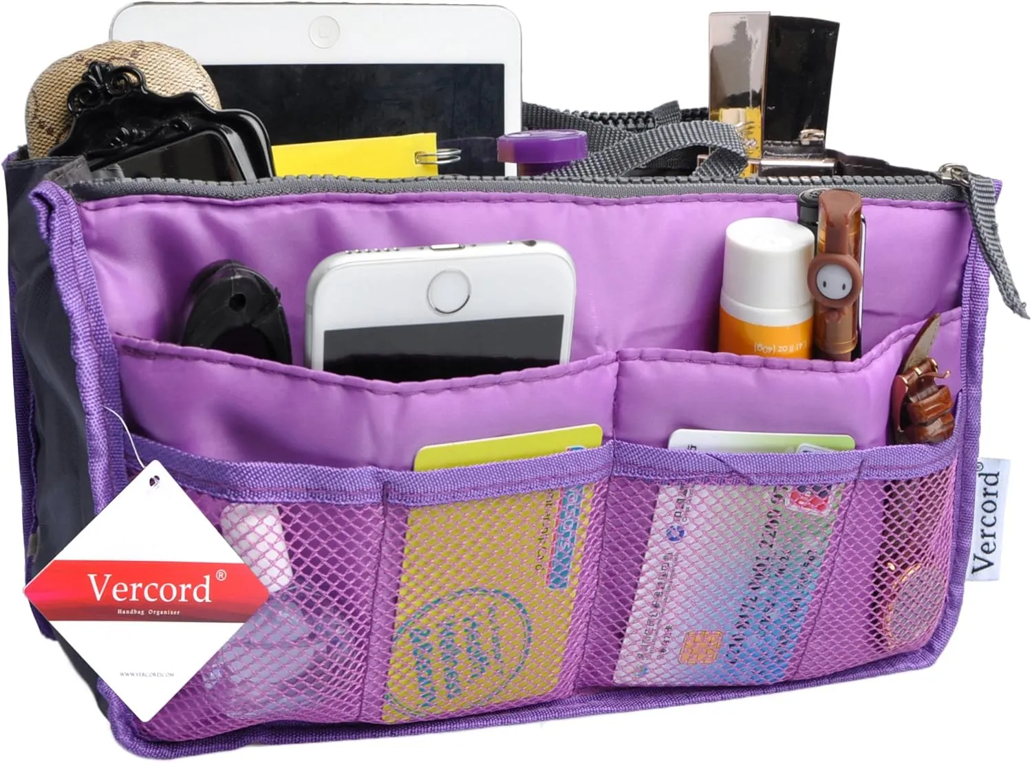 Vercord Purse Organizer Insert for Handbags Bag Organizers Inside Tote Pocketbook Women Nurse Nylon 13 Pockets Purple Medium