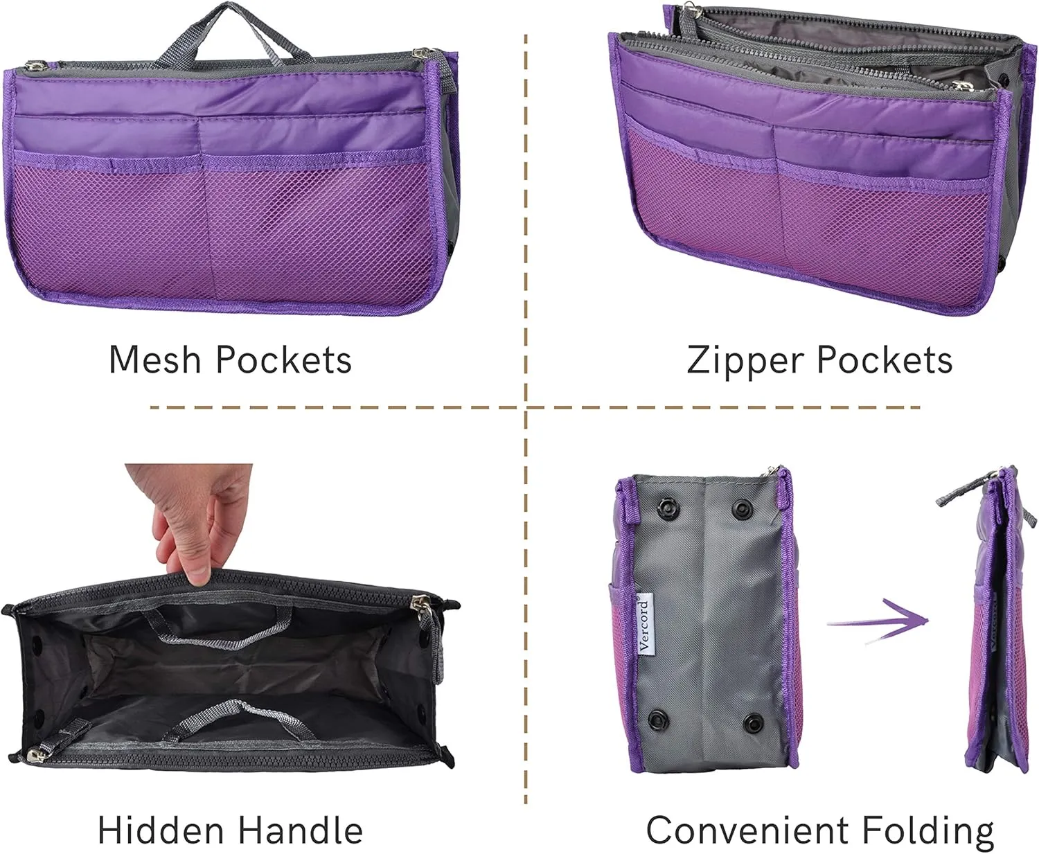 Vercord Purse Organizer Insert for Handbags Bag Organizers Inside Tote Pocketbook Women Nurse Nylon 13 Pockets Purple Medium