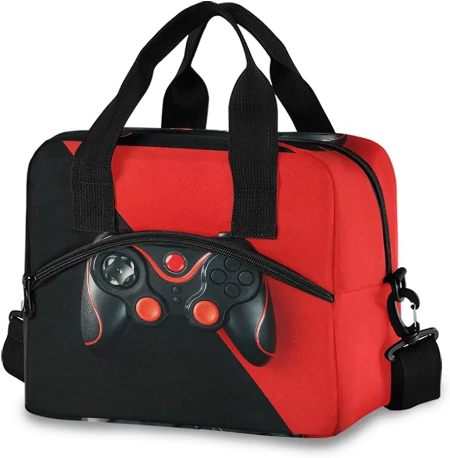 Video Game Black Red Lunch Bag, Insulated Lunch Tote Bag Cooler Cooling Lunch Box Food Container for Women Men Adults