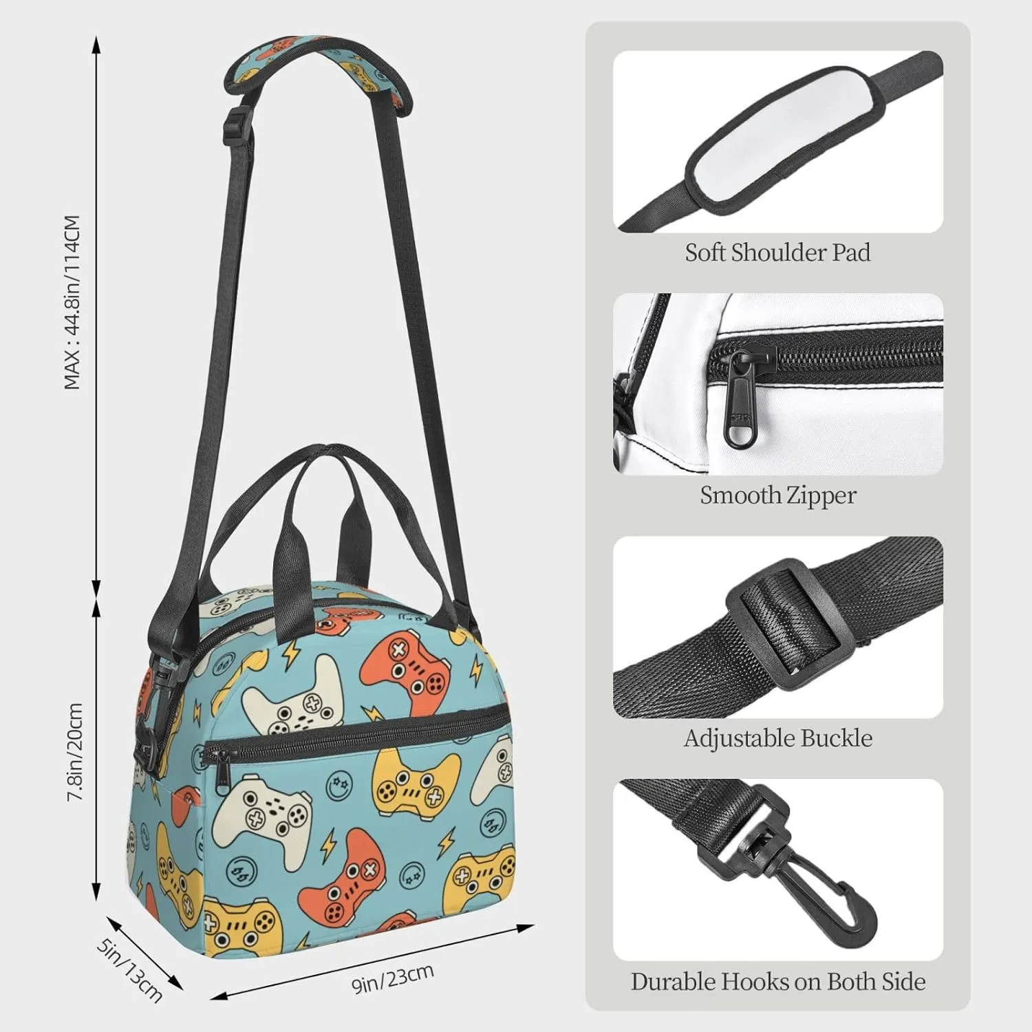 Video Game Controller Backgroud Lunch Bag Gamer Pattern Reusable Insulated Lunch Tote Bag Lunchbox Container With Adjustable Shoulder Strap For Office Work Picnic Travel