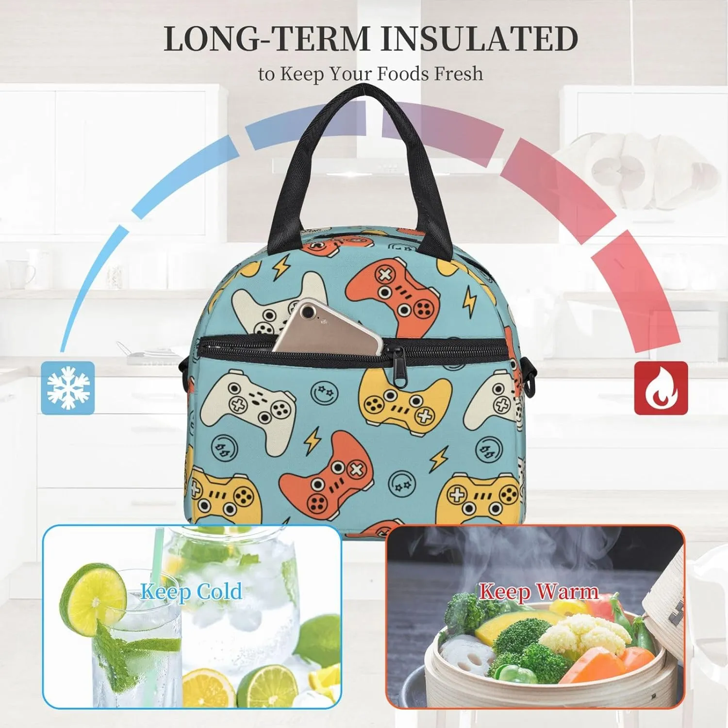 Video Game Controller Backgroud Lunch Bag Gamer Pattern Reusable Insulated Lunch Tote Bag Lunchbox Container With Adjustable Shoulder Strap For Office Work Picnic Travel