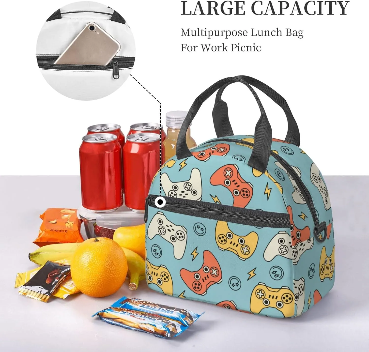 Video Game Controller Backgroud Lunch Bag Gamer Pattern Reusable Insulated Lunch Tote Bag Lunchbox Container With Adjustable Shoulder Strap For Office Work Picnic Travel