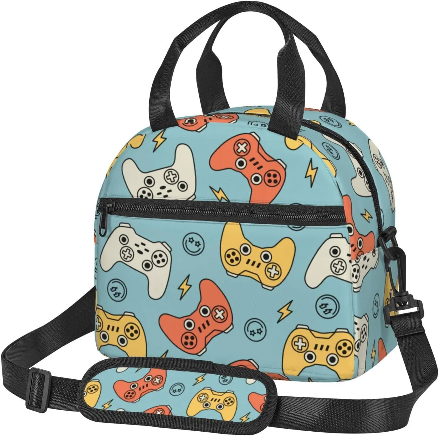 Video Game Controller Backgroud Lunch Bag Gamer Pattern Reusable Insulated Lunch Tote Bag Lunchbox Container With Adjustable Shoulder Strap For Office Work Picnic Travel