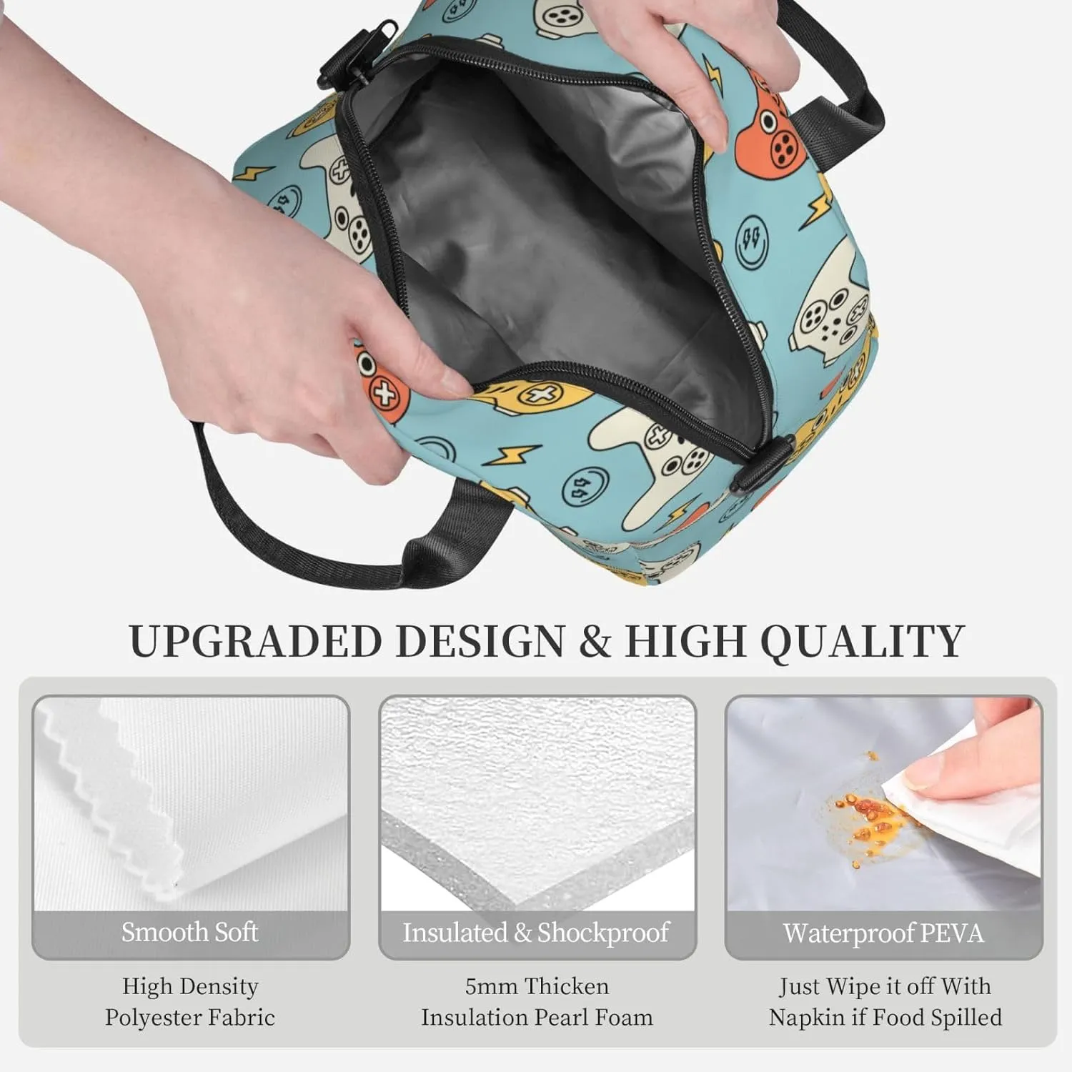 Video Game Controller Backgroud Lunch Bag Gamer Pattern Reusable Insulated Lunch Tote Bag Lunchbox Container With Adjustable Shoulder Strap For Office Work Picnic Travel