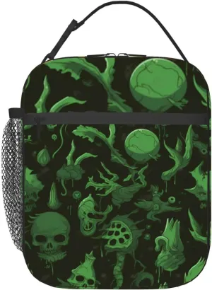 Vintage Dark Green Gothic Demon spine Skull Horror created Insulated Iunch Bag for Men Woman Large Portable Waterproof Reusable Thermal Lunch Box with Pockets for Work Travel Picnic