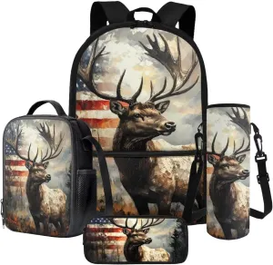 Vintage Elk American Flag Pattern 17" Multi-Function Backpack Set Includes Lunch Bag, Pen Case, and Water Bottle Holder Kids Students Large Capacity Bags for School