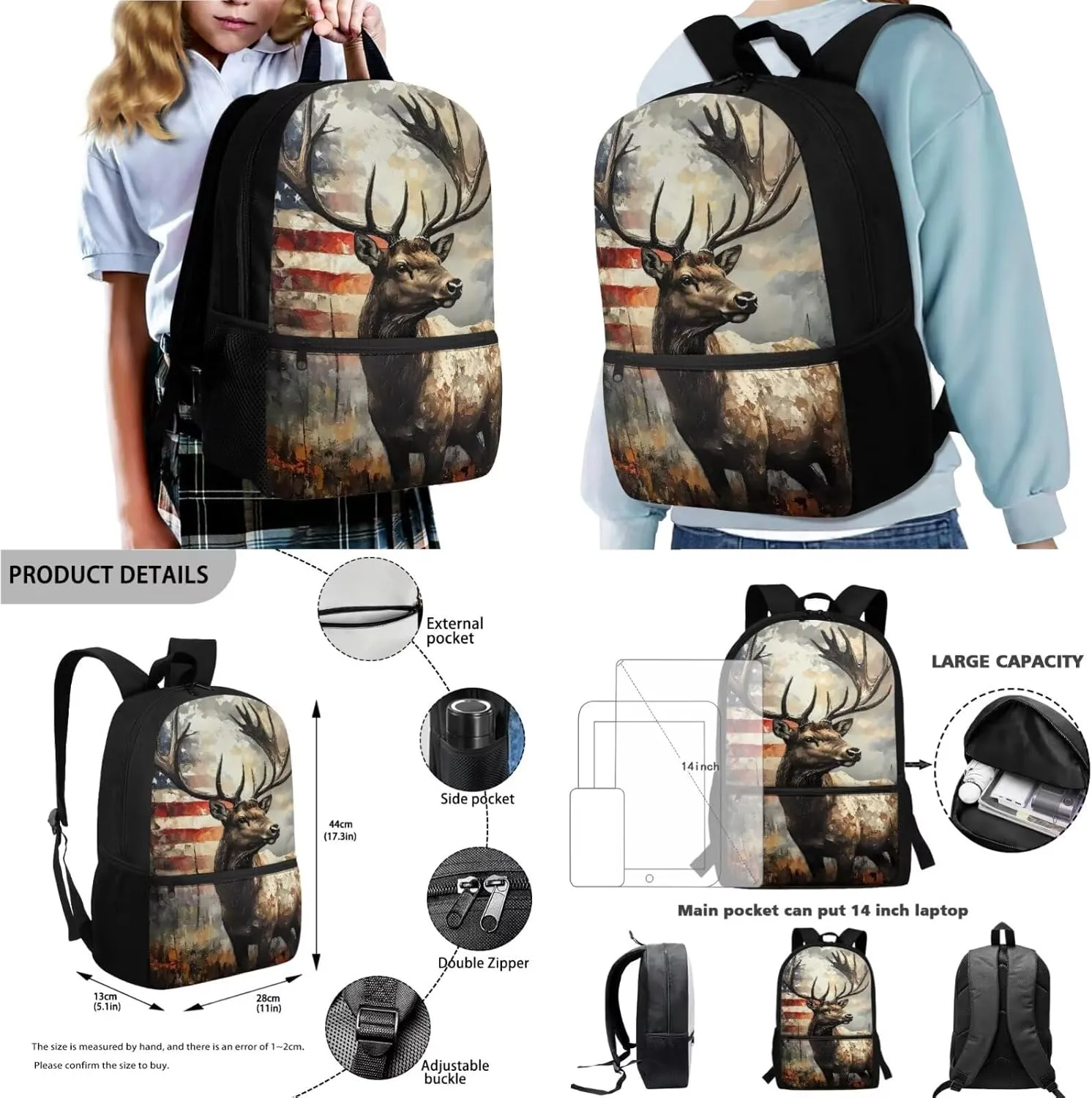 Vintage Elk American Flag Pattern 17" Multi-Function Backpack Set Includes Lunch Bag, Pen Case, and Water Bottle Holder Kids Students Large Capacity Bags for School