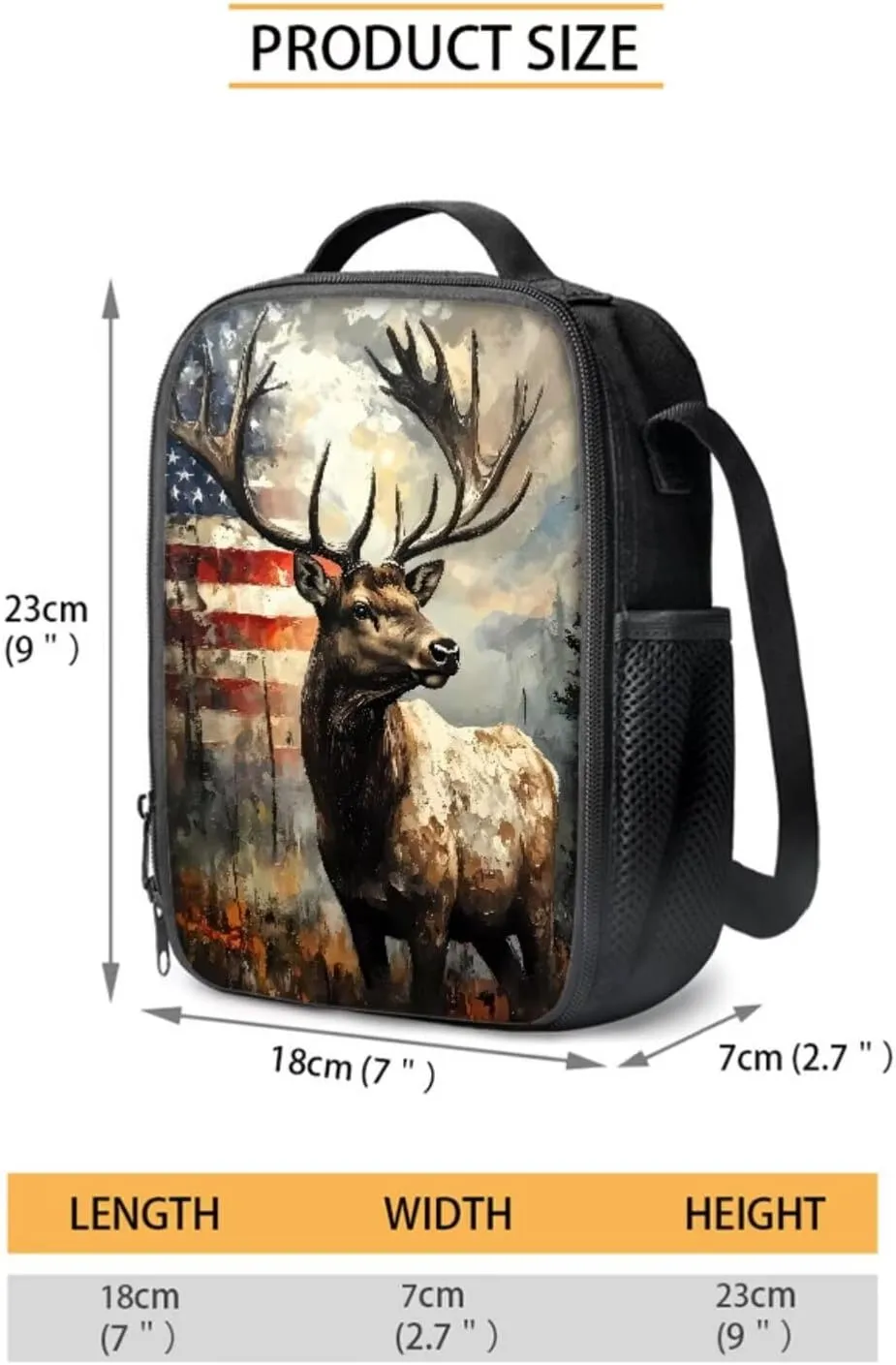 Vintage Elk American Flag Pattern 17" Multi-Function Backpack Set Includes Lunch Bag, Pen Case, and Water Bottle Holder Kids Students Large Capacity Bags for School