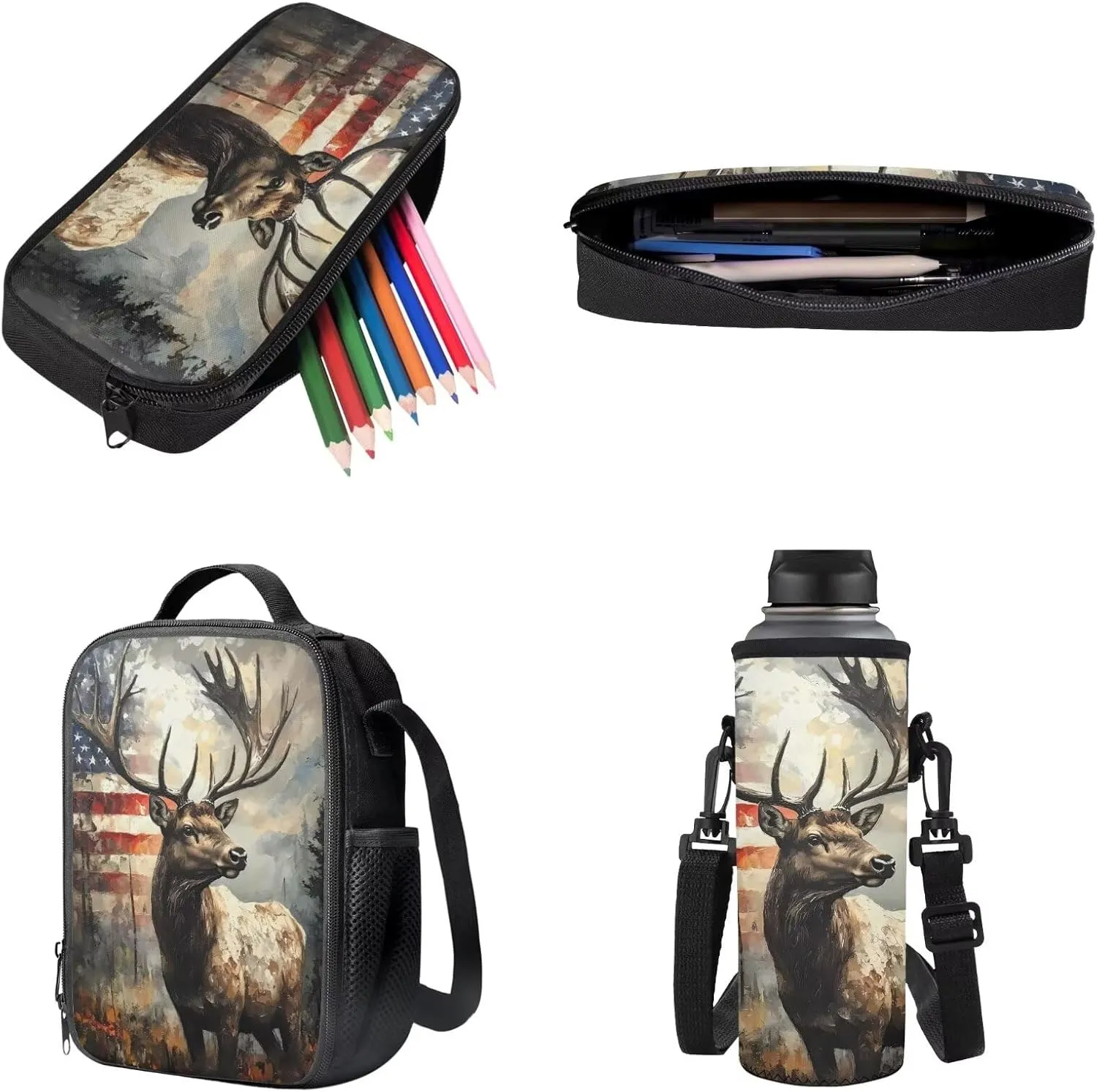 Vintage Elk American Flag Pattern 17" Multi-Function Backpack Set Includes Lunch Bag, Pen Case, and Water Bottle Holder Kids Students Large Capacity Bags for School