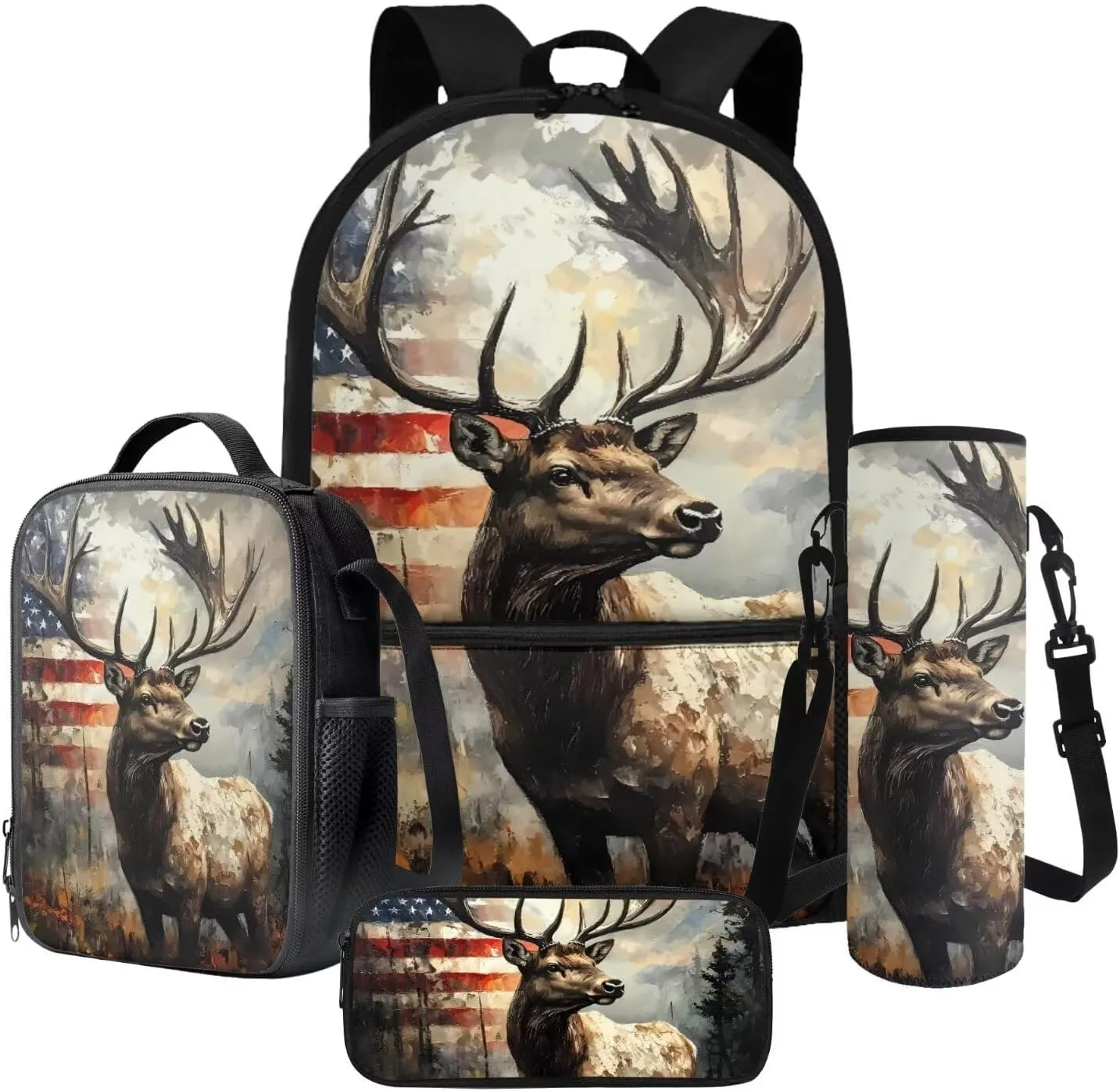 Vintage Elk American Flag Pattern 17" Multi-Function Backpack Set Includes Lunch Bag, Pen Case, and Water Bottle Holder Kids Students Large Capacity Bags for School