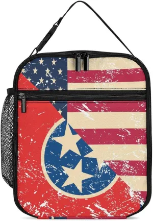 Vintage U.S.A And Tennessee State Flag Lunch Bag for Men Women Small Reusable Leakproof Insulated Lunch Box Adjustable Handbag
