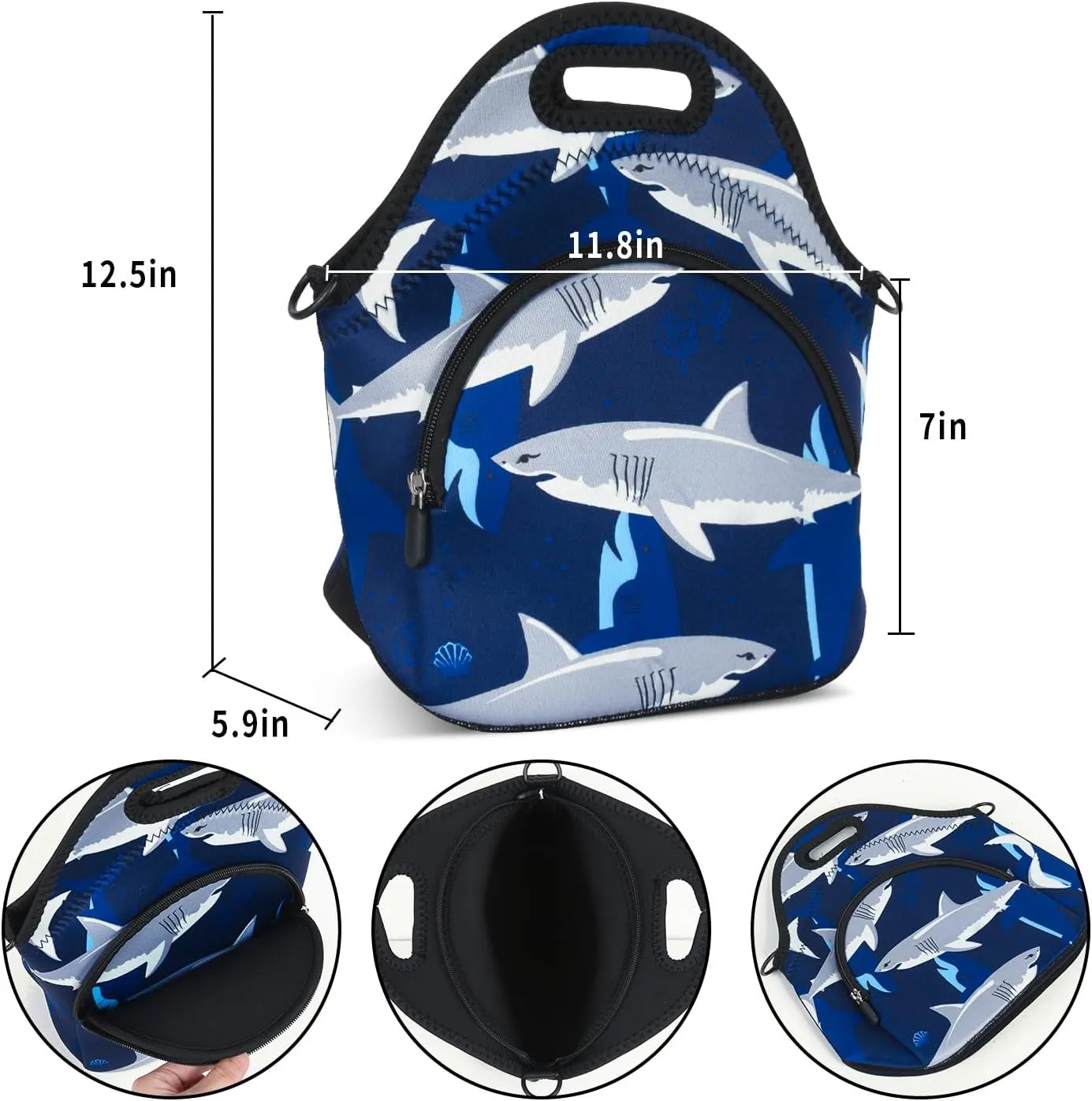 Violet Mist Blue Neoprene Lunch Bags Tote Large Insulated Lunch Containers Waterproof Thermal Lunch Box with Pocket Adjustable Shoulder Strap Reusable Bento Bag for Men Adult Picnic Work Travel, Shark