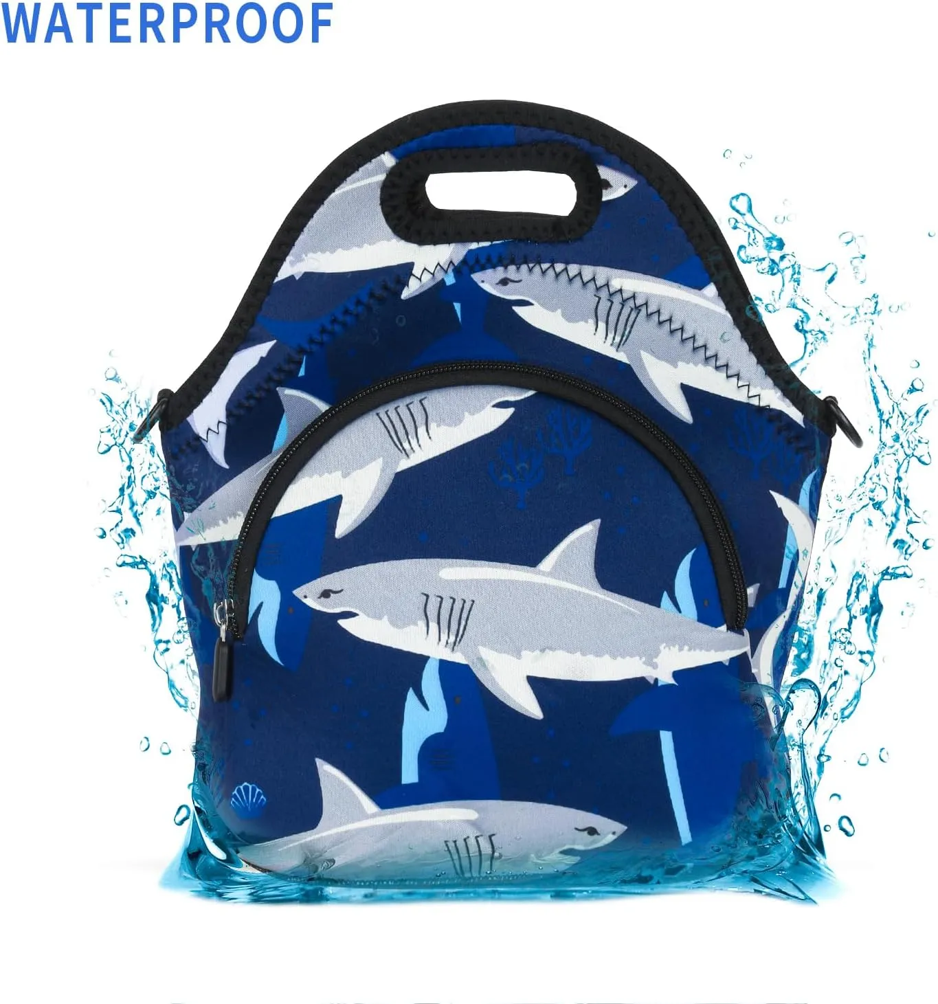 Violet Mist Blue Neoprene Lunch Bags Tote Large Insulated Lunch Containers Waterproof Thermal Lunch Box with Pocket Adjustable Shoulder Strap Reusable Bento Bag for Men Adult Picnic Work Travel, Shark