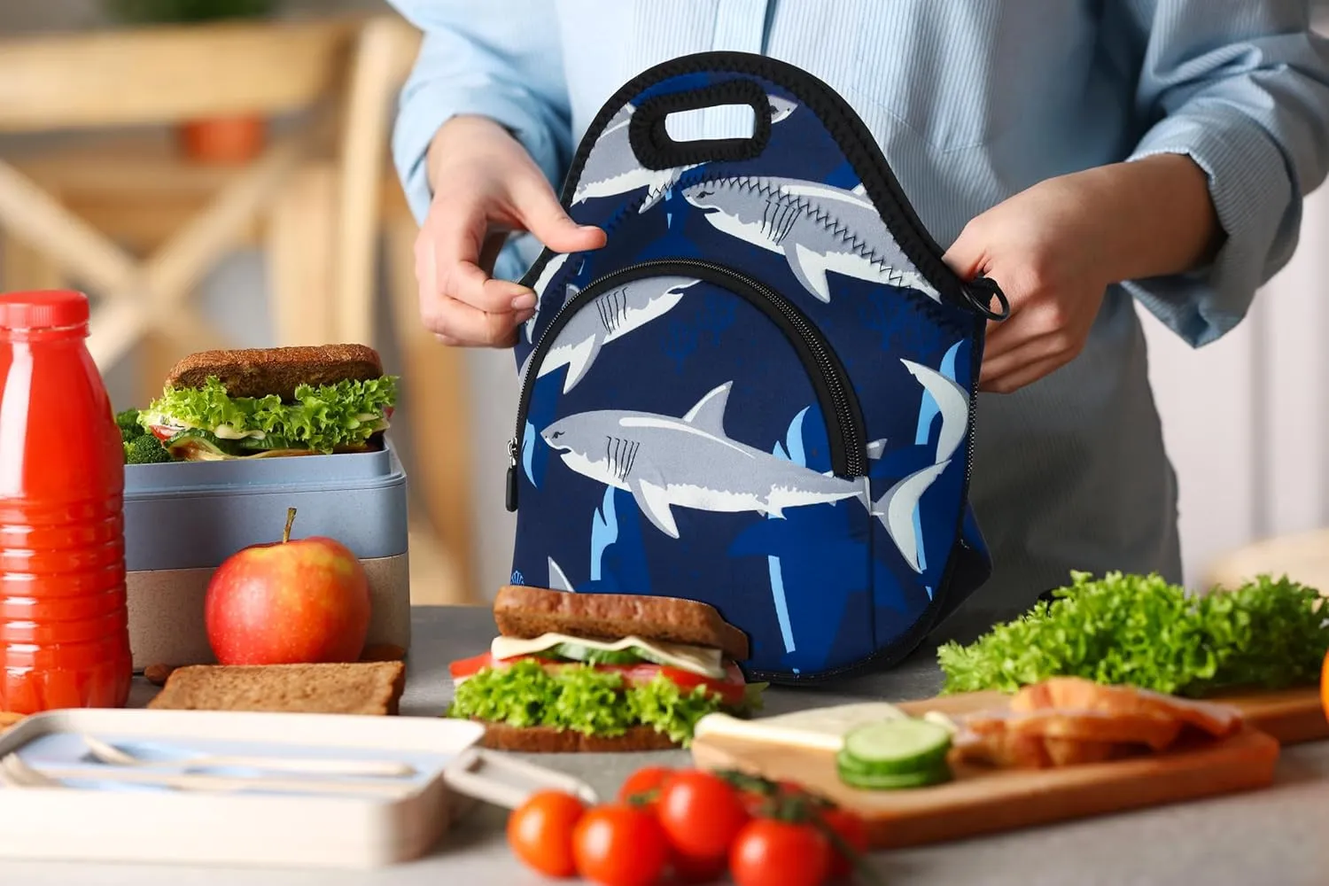 Violet Mist Blue Neoprene Lunch Bags Tote Large Insulated Lunch Containers Waterproof Thermal Lunch Box with Pocket Adjustable Shoulder Strap Reusable Bento Bag for Men Adult Picnic Work Travel, Shark