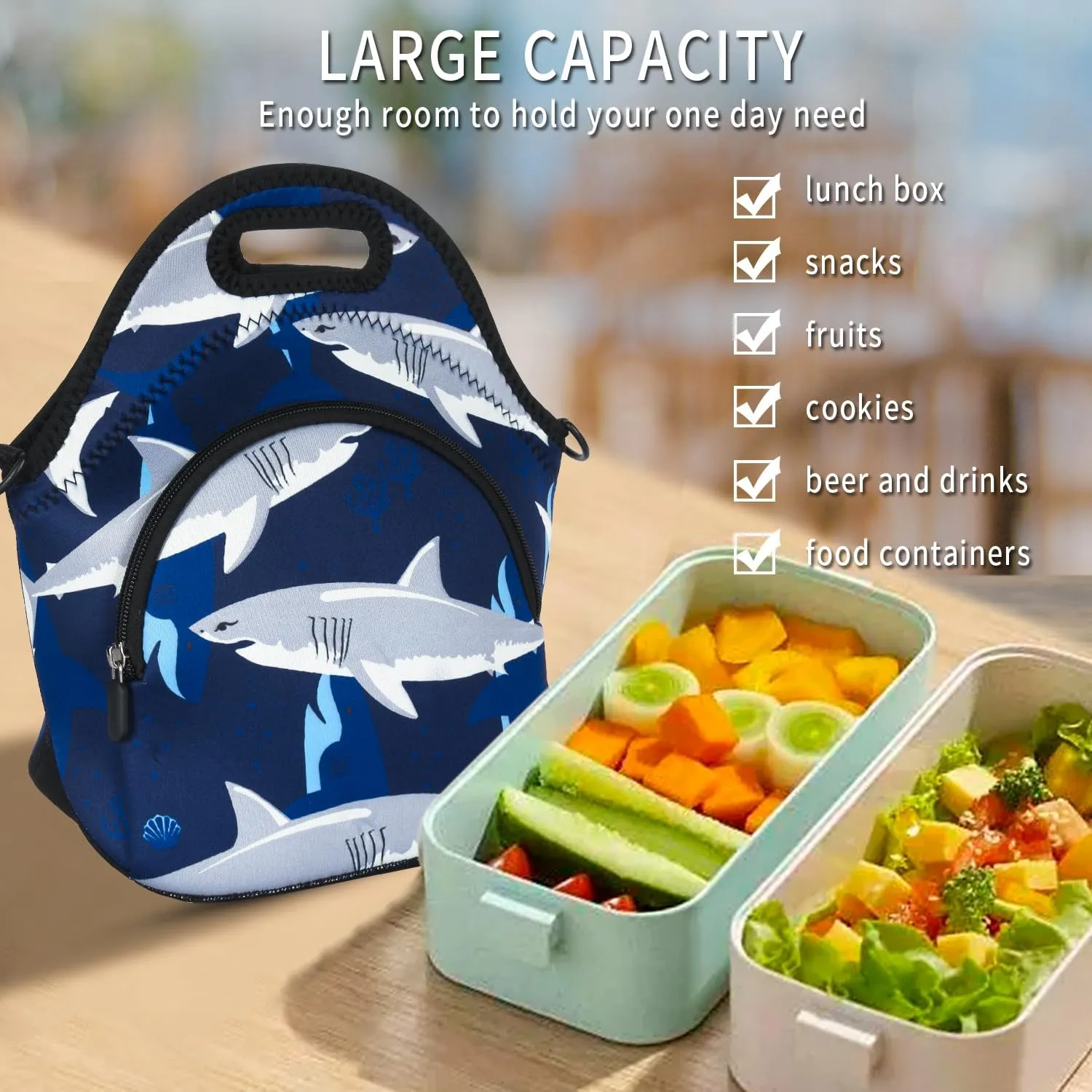 Violet Mist Blue Neoprene Lunch Bags Tote Large Insulated Lunch Containers Waterproof Thermal Lunch Box with Pocket Adjustable Shoulder Strap Reusable Bento Bag for Men Adult Picnic Work Travel, Shark