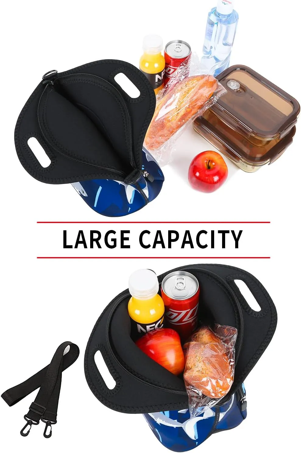 Violet Mist Blue Neoprene Lunch Bags Tote Large Insulated Lunch Containers Waterproof Thermal Lunch Box with Pocket Adjustable Shoulder Strap Reusable Bento Bag for Men Adult Picnic Work Travel, Shark