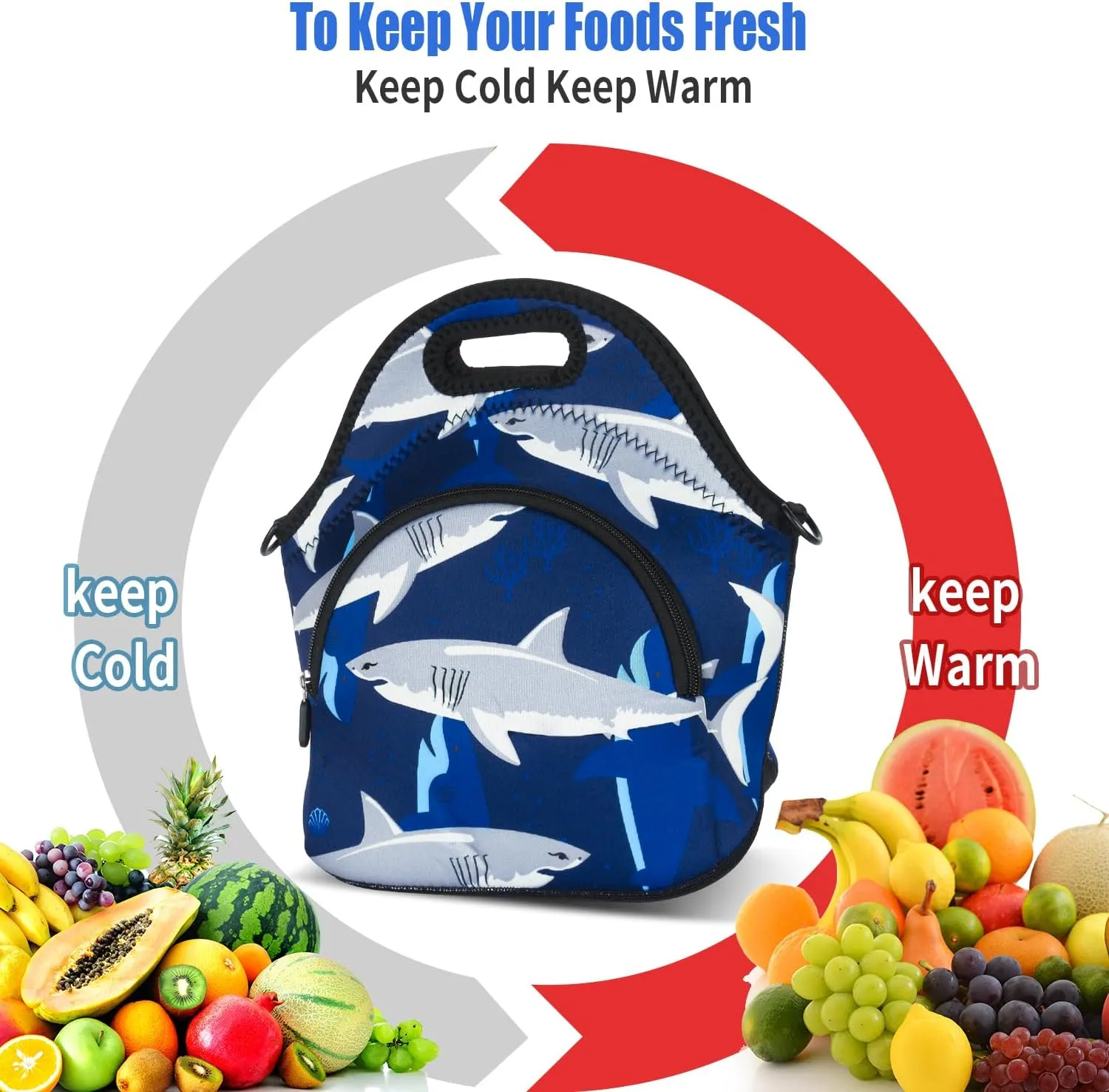 Violet Mist Blue Neoprene Lunch Bags Tote Large Insulated Lunch Containers Waterproof Thermal Lunch Box with Pocket Adjustable Shoulder Strap Reusable Bento Bag for Men Adult Picnic Work Travel, Shark