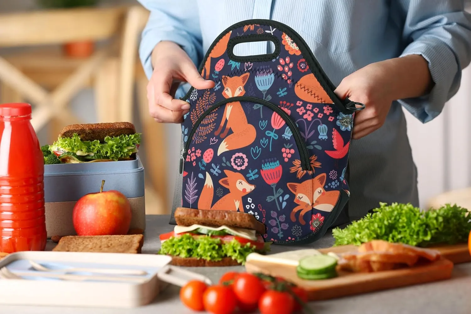 Violet Mist Neoprene Thermal Insulated Resuable Lunch Bag Tote Large with Extra Pocket Detachable Adjustable Shoulder Cute Fox Animal Cartoon Lunchbox Food Handbags Container for Women Christmas