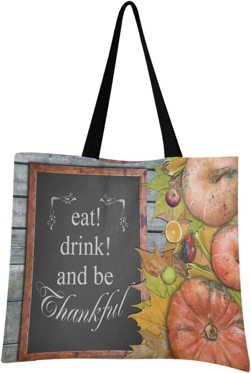 visesunny Wooden Frame Eat Drink And Be Thankful Floral Water Resistant Large Tote Bag with Inner Pocket Shoulder Bag for Gym Beach Travel Daily Bags