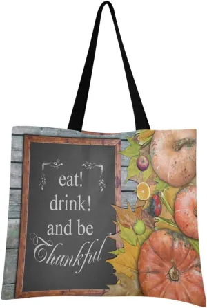 visesunny Wooden Frame Eat Drink And Be Thankful Floral Water Resistant Large Tote Bag with Inner Pocket Shoulder Bag for Gym Beach Travel Daily Bags