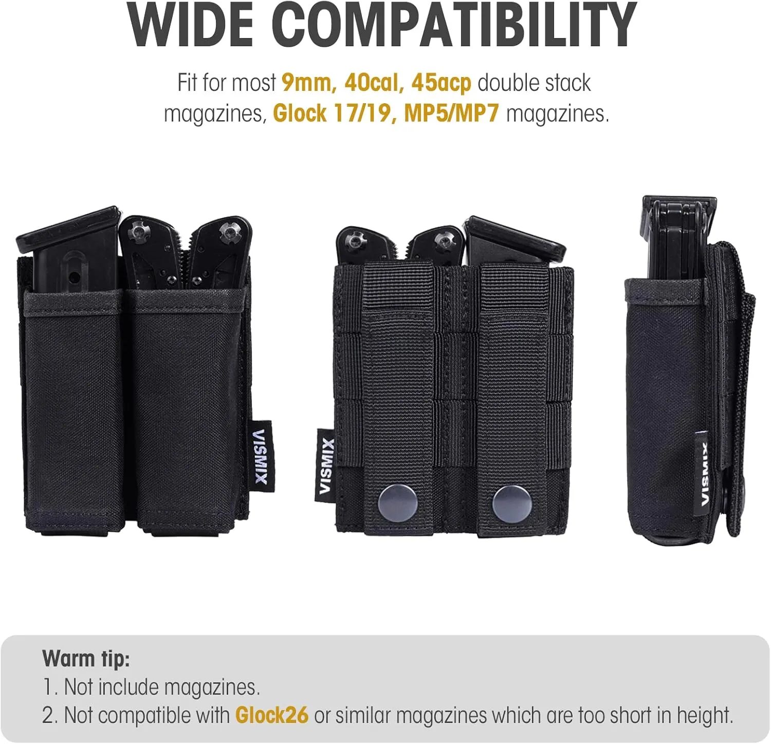 VISMIX Pistol Magazine Pouch, Double 9mm Mag Pouch with Quick Release Kydex Insert and MOLLE Compatible