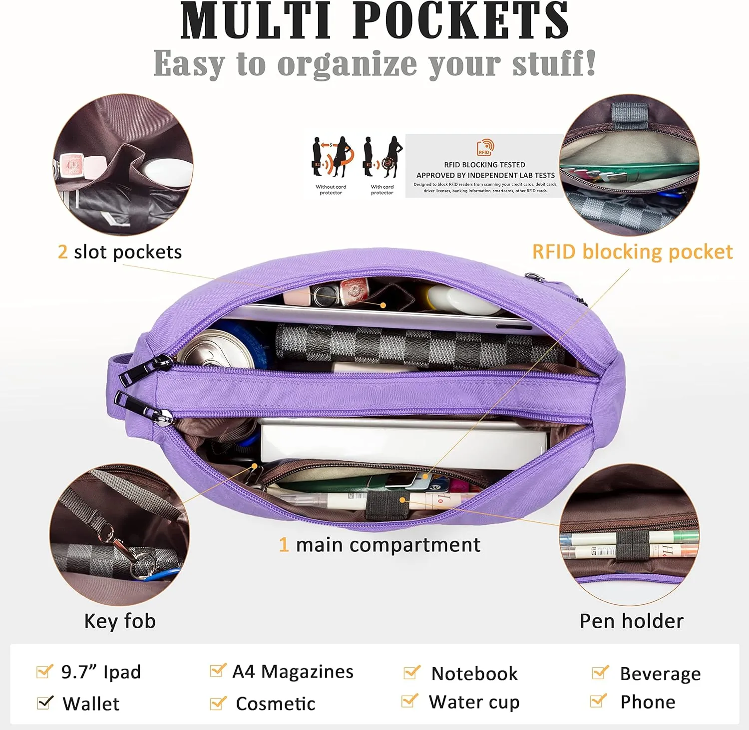 VOLGANIK ROCK RFID Purses for Women Fabric Nylon Multi Pocket Crossbody Bag Ladies Travel Handbag