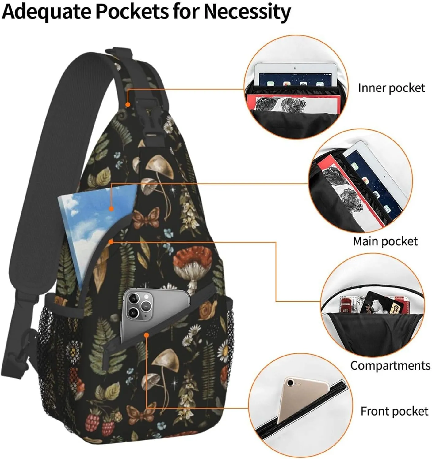 VOOHDDY Vintage Mushroom Witchcraft Magic Plant Sling Bag For Women Men Travel Hiking Backpack Crossbody Shoulder Chest Bags Casual Daypack Sport