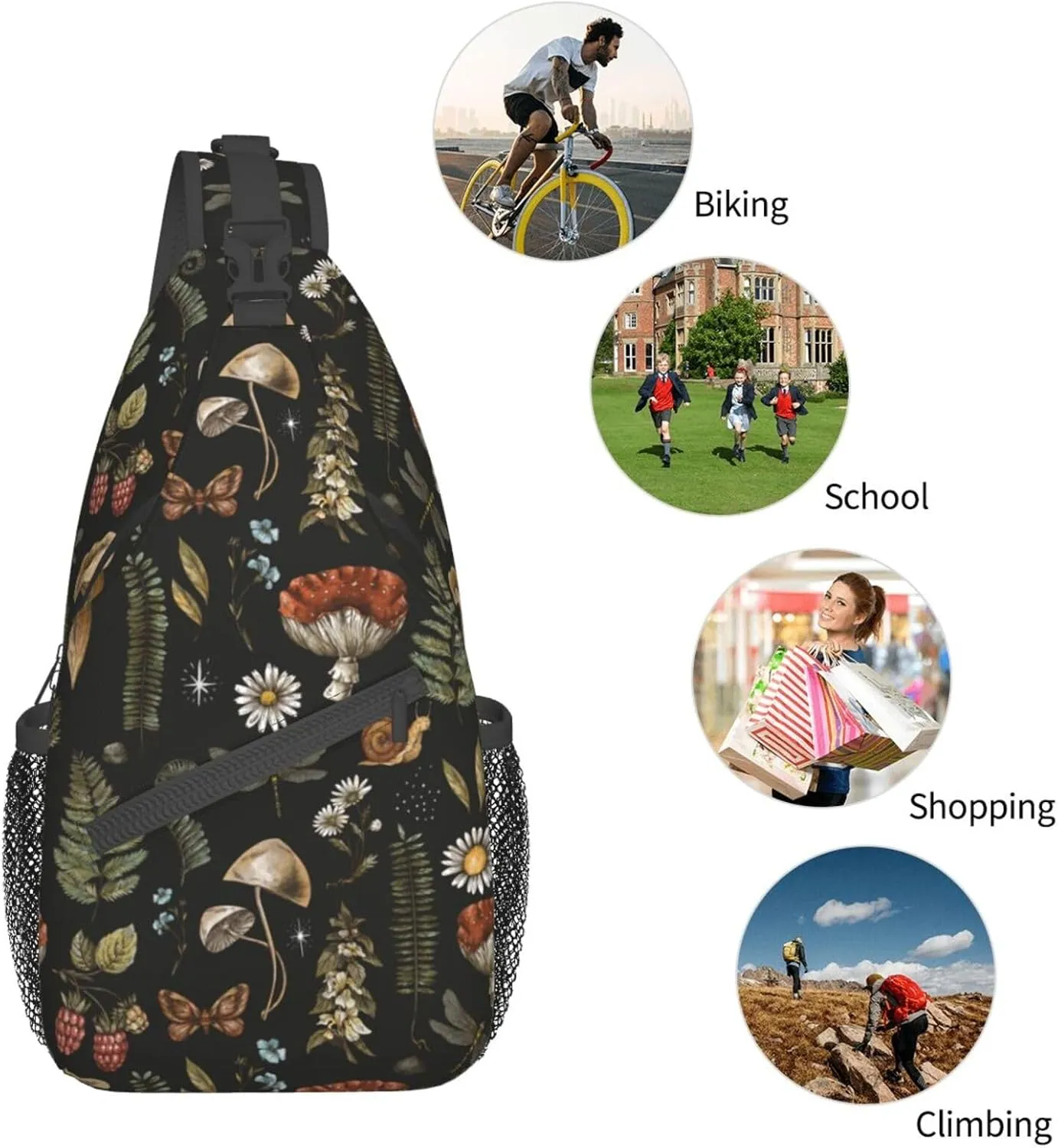 VOOHDDY Vintage Mushroom Witchcraft Magic Plant Sling Bag For Women Men Travel Hiking Backpack Crossbody Shoulder Chest Bags Casual Daypack Sport